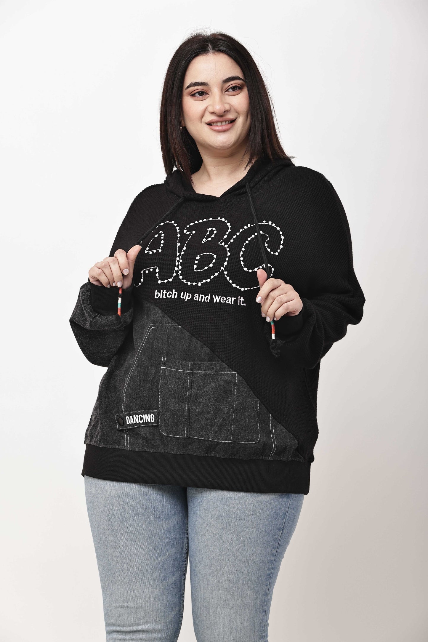 Korean Streetwear Hooded Sweatshirt for Women | Graphic Text Knit Hoodie Top