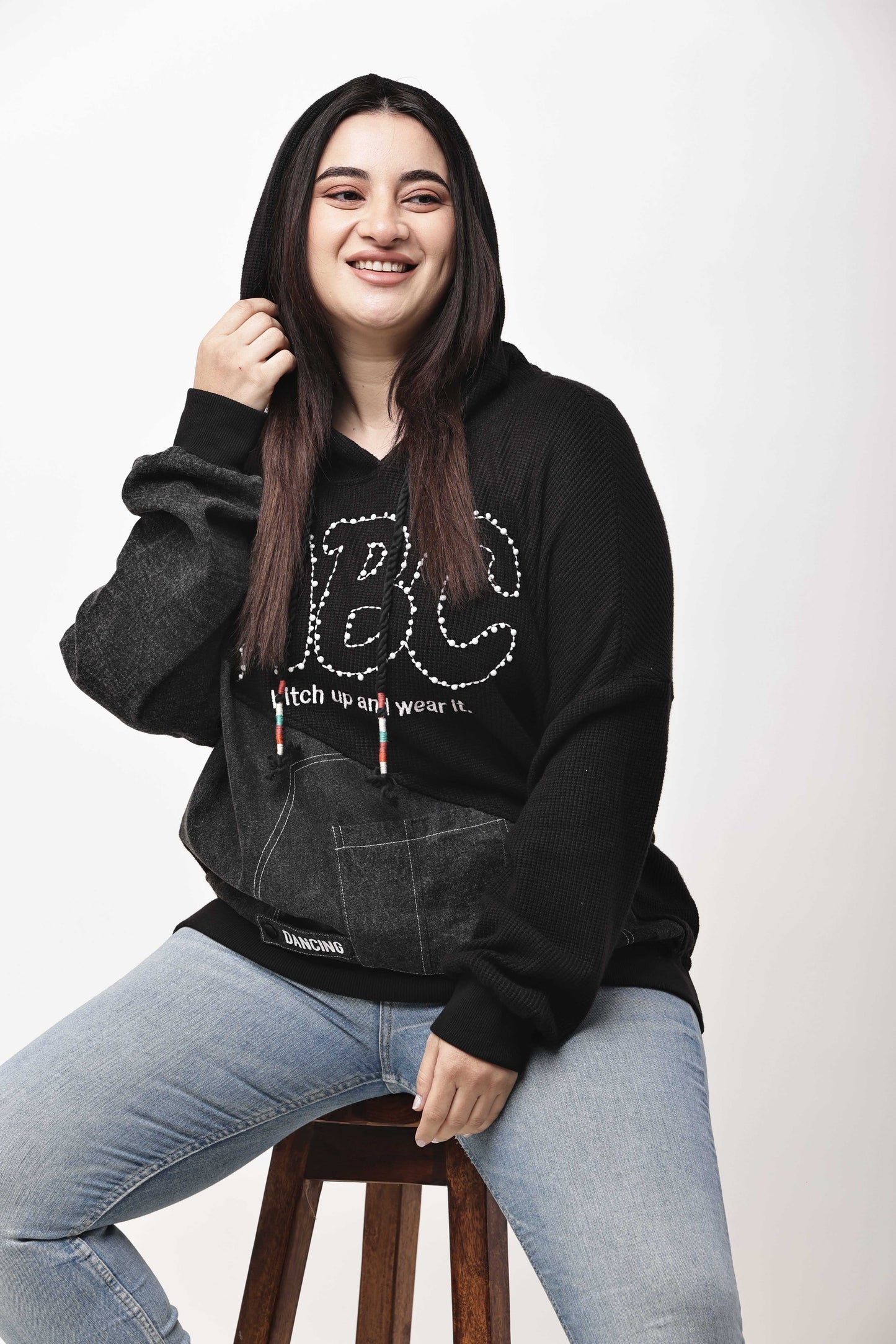 Korean Streetwear Hooded Sweatshirt for Women | Graphic Text Knit Hoodie Top