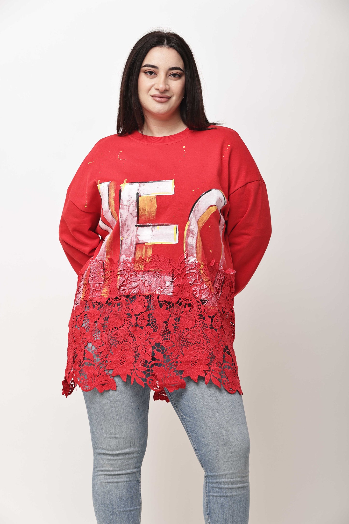 Korean Graphic Lace Hem Sweatshirt for Women | Oversized Winter Fashion Top