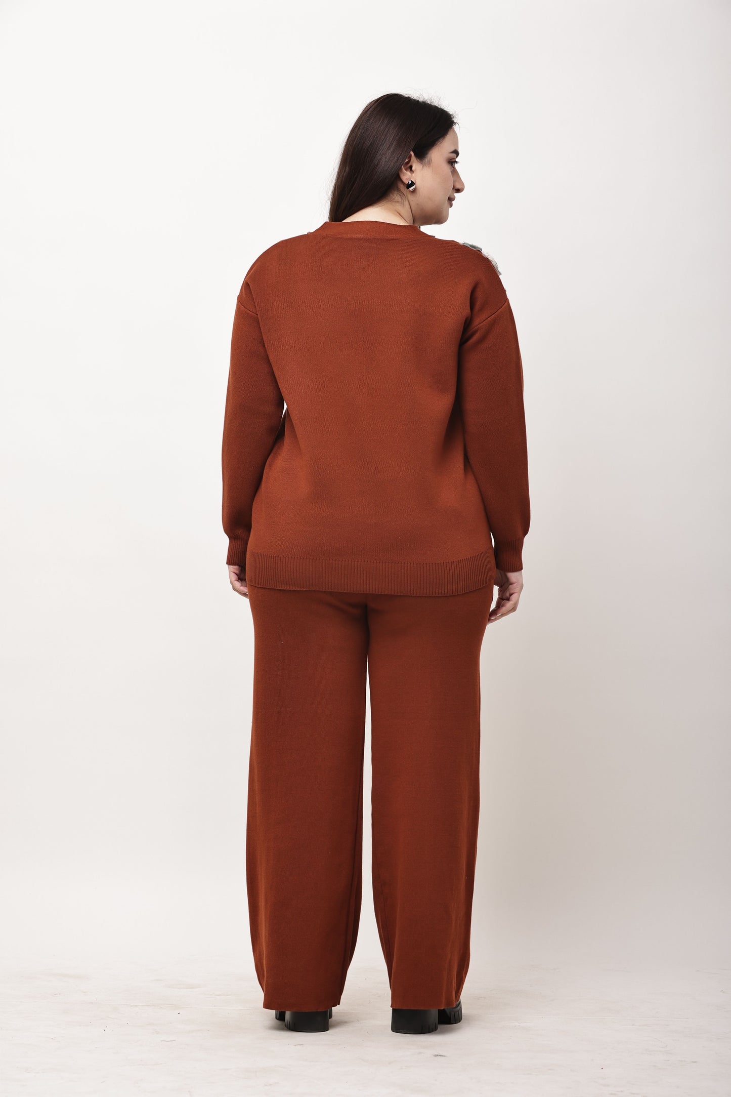 Floral Embellished Knit Co-Ord Set for Women | Winter Buttoned Cardigan & Wide Leg Pants