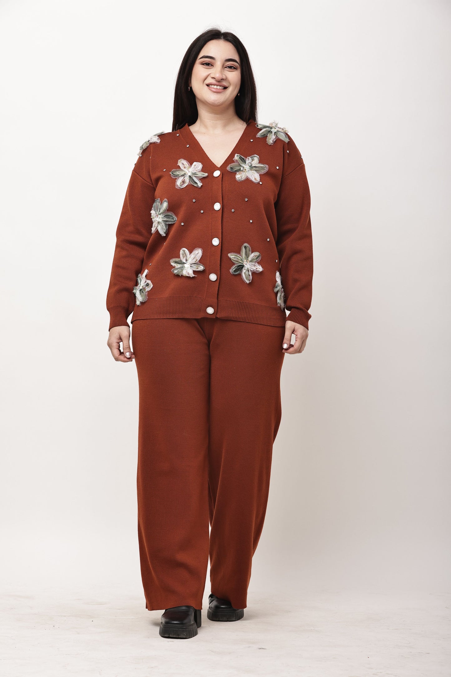 Floral Embellished Knit Co-Ord Set for Women | Winter Buttoned Cardigan & Wide Leg Pants