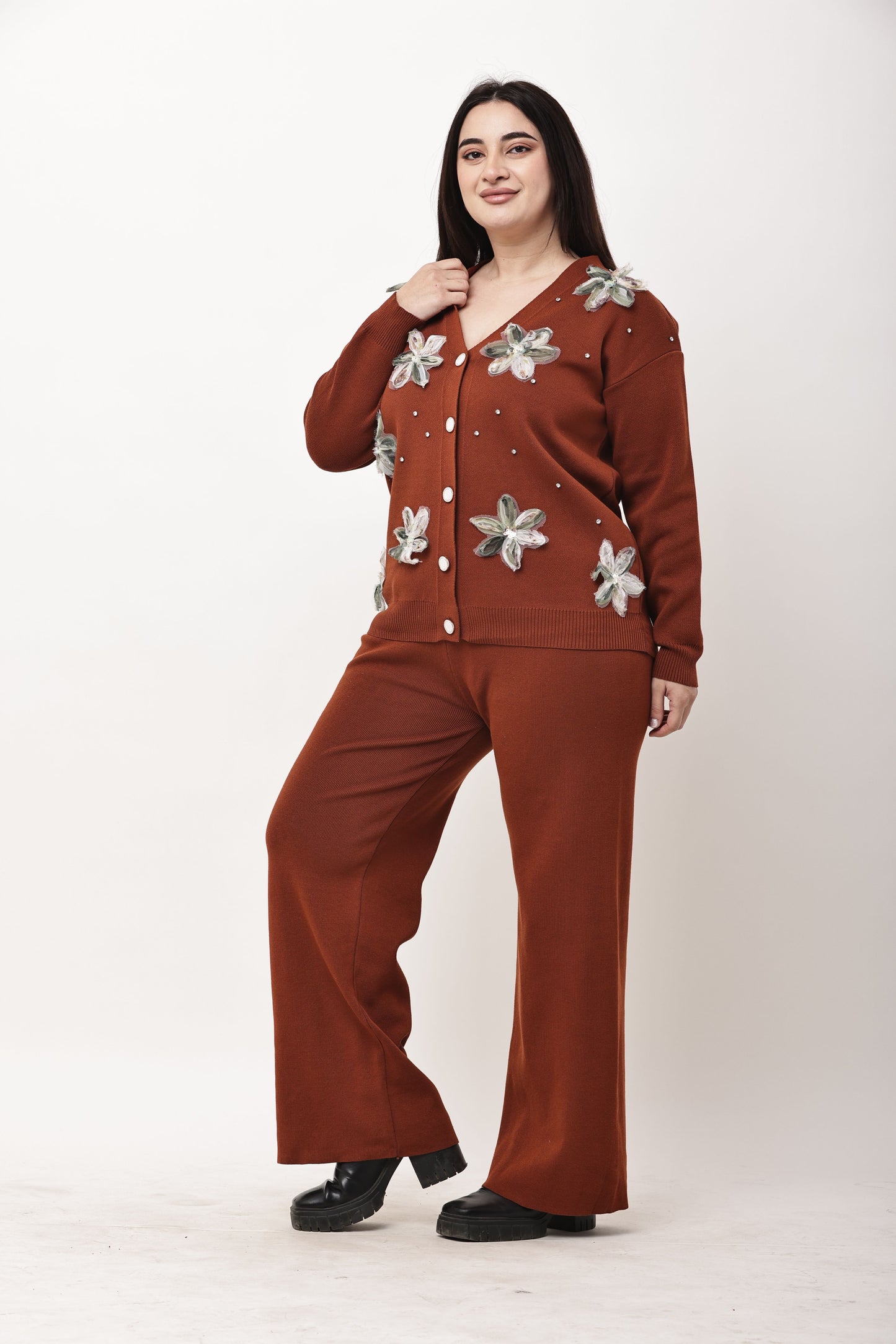 Floral Embellished Knit Co-Ord Set for Women | Winter Buttoned Cardigan & Wide Leg Pants