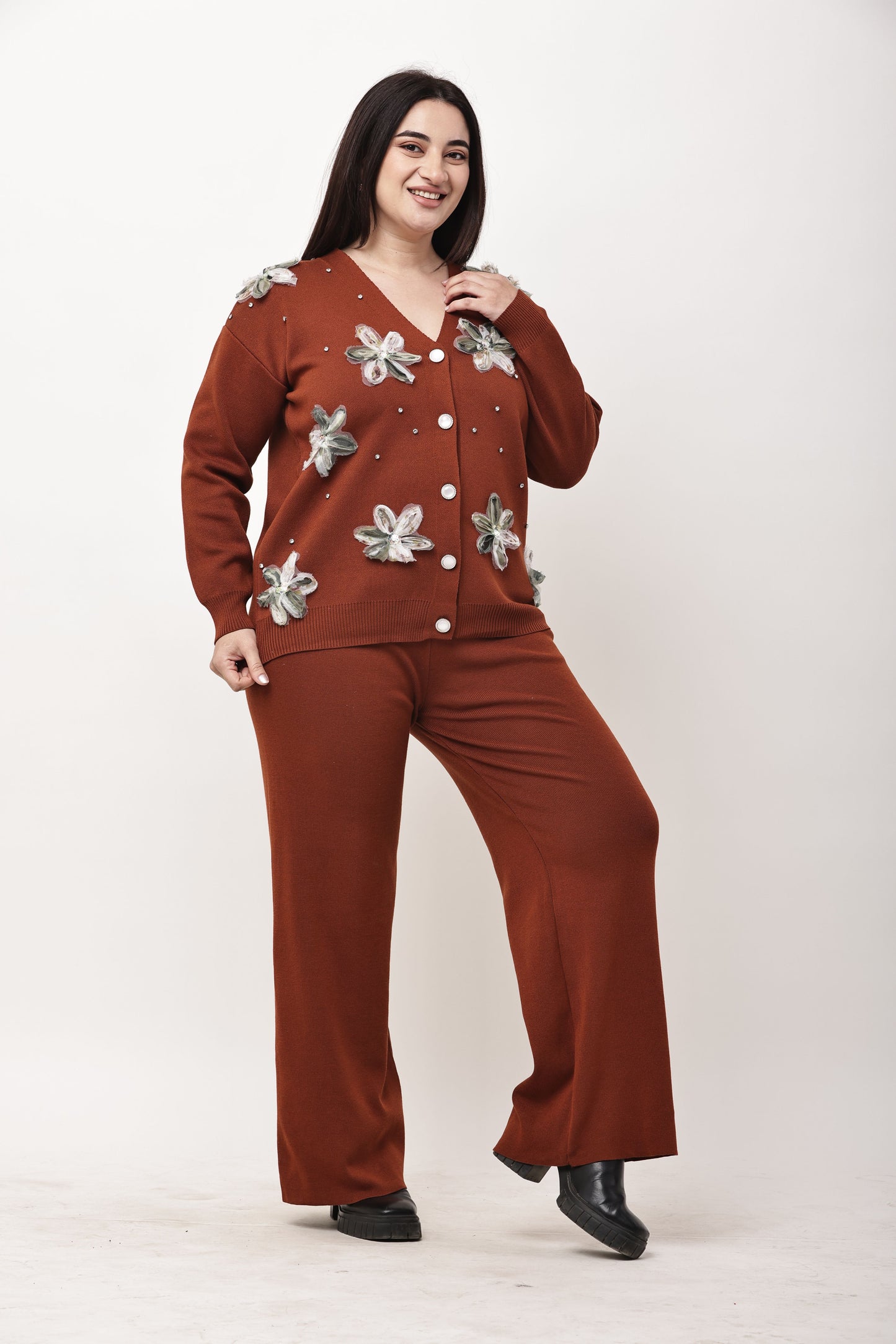 Floral Embellished Knit Co-Ord Set for Women | Winter Buttoned Cardigan & Wide Leg Pants
