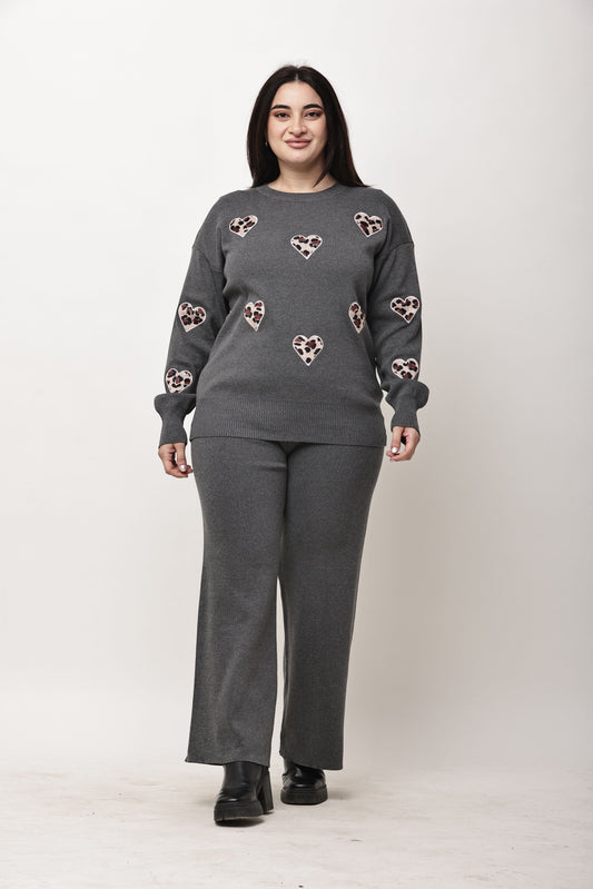 Korean Style Heart Appliqué Knit Co-Ord Set for Women | Winter Sweatshirt & Wide Leg Pants