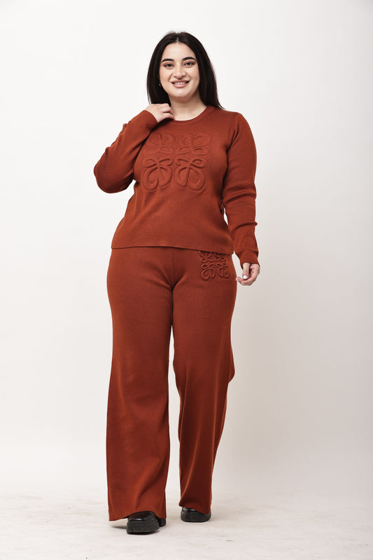 Korean Minimal Embossed Knit Co-Ord Set for Women | Winter Top & Wide Leg Pants