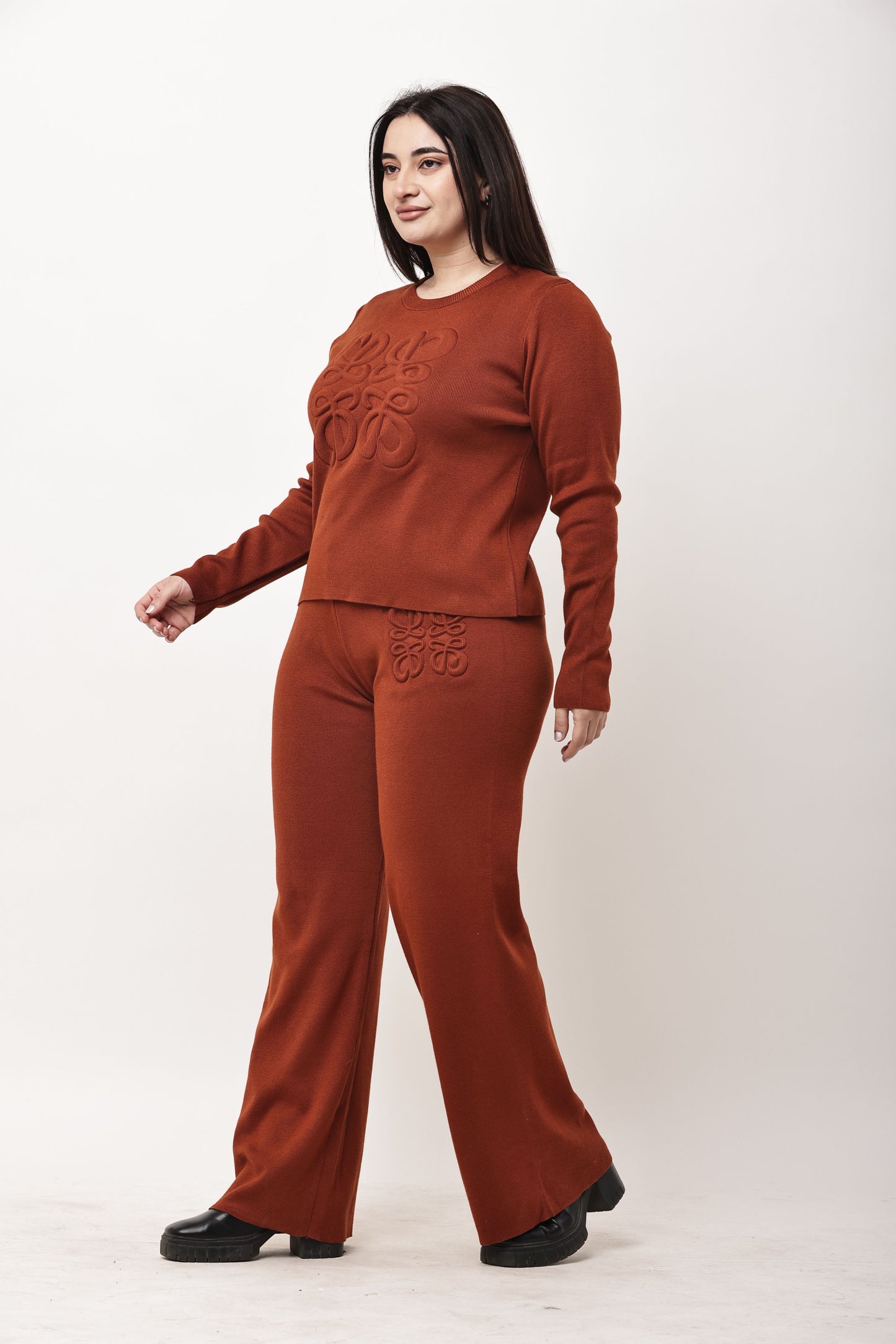 Korean Minimal Embossed Knit Co-Ord Set for Women | Winter Top & Wide Leg Pants
