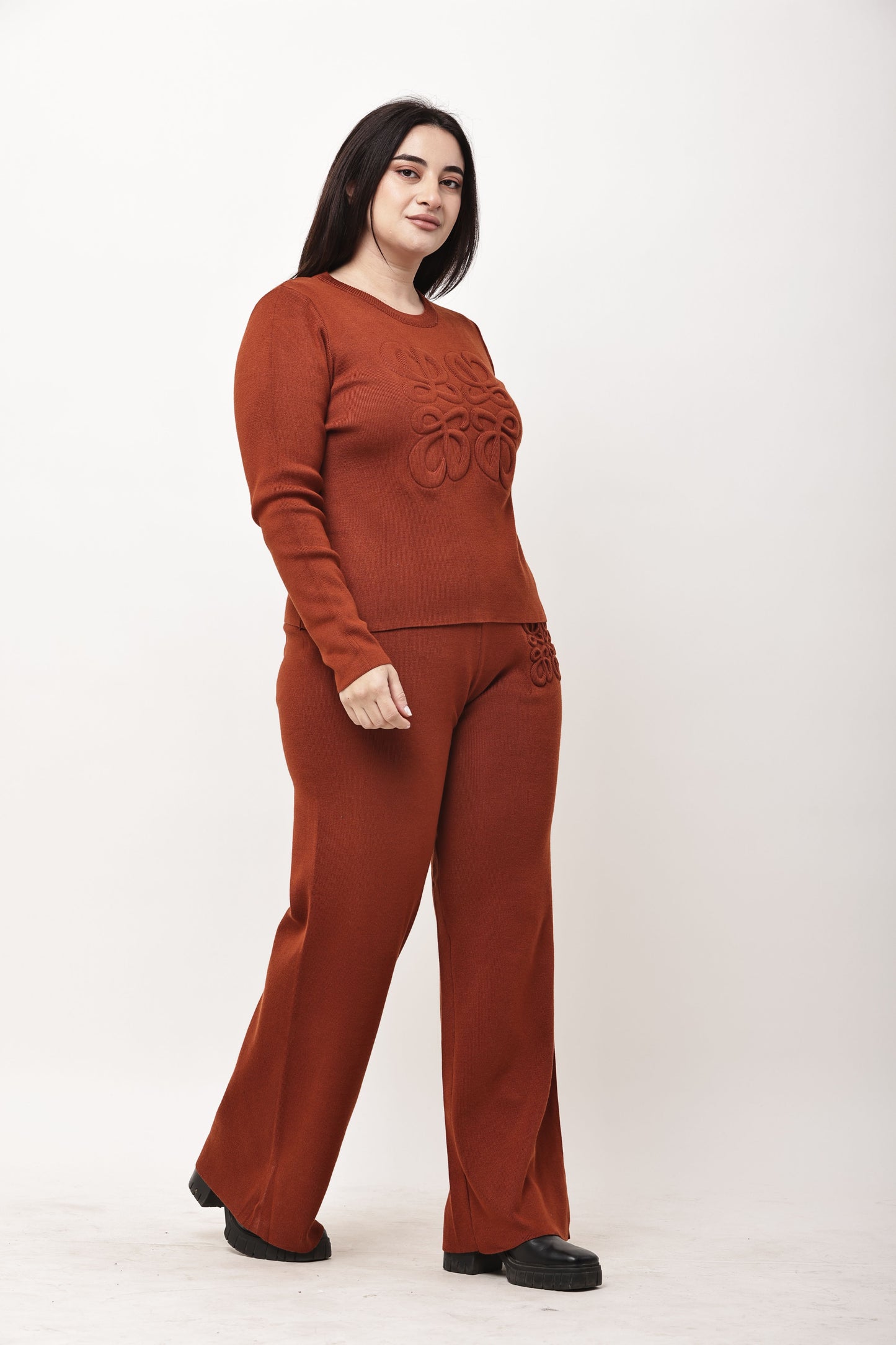 Korean Minimal Embossed Knit Co-Ord Set for Women | Winter Top & Wide Leg Pants