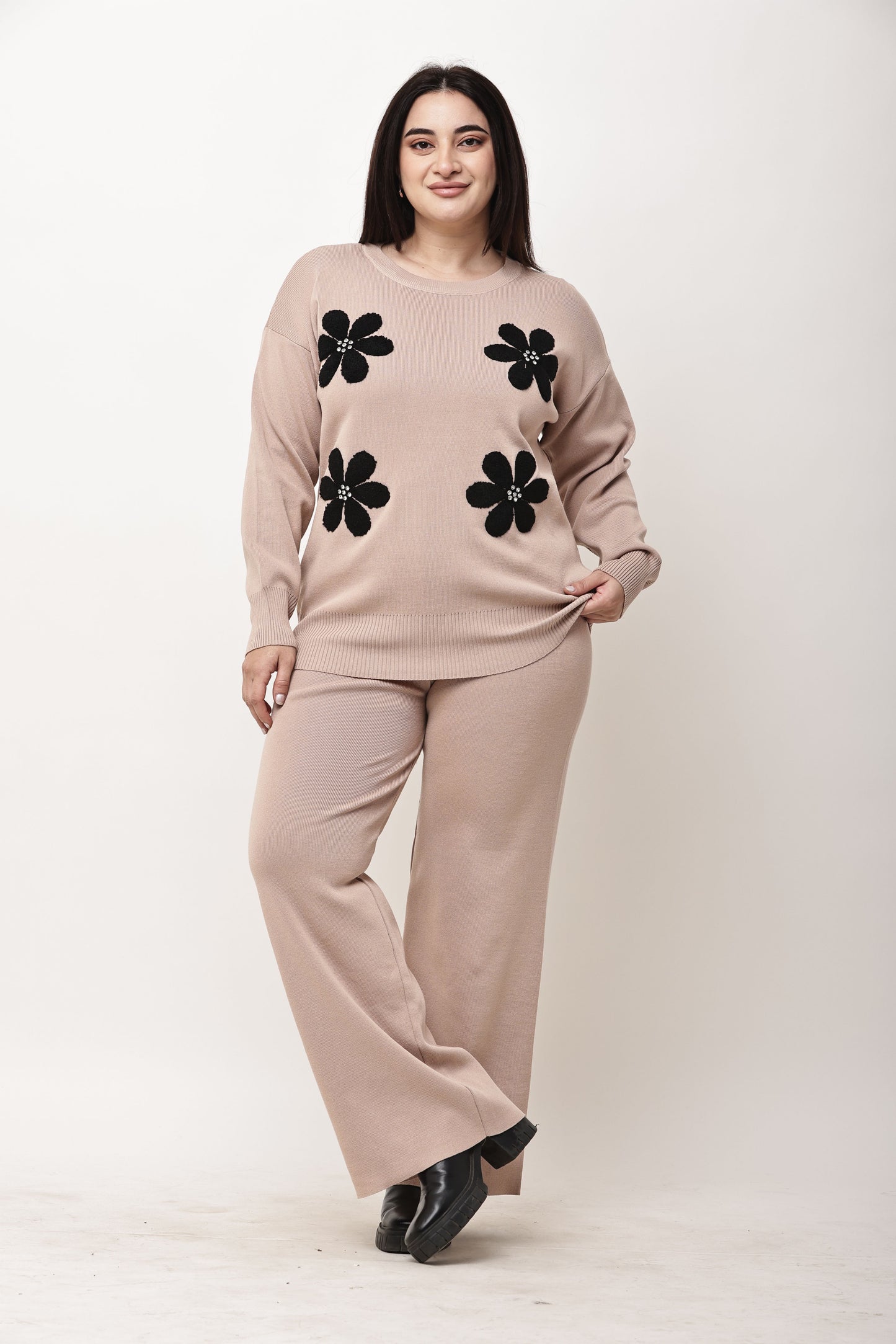 Korean Floral Motif Knit Co-Ord Set for Women | Winter Top & Wide Leg Pants