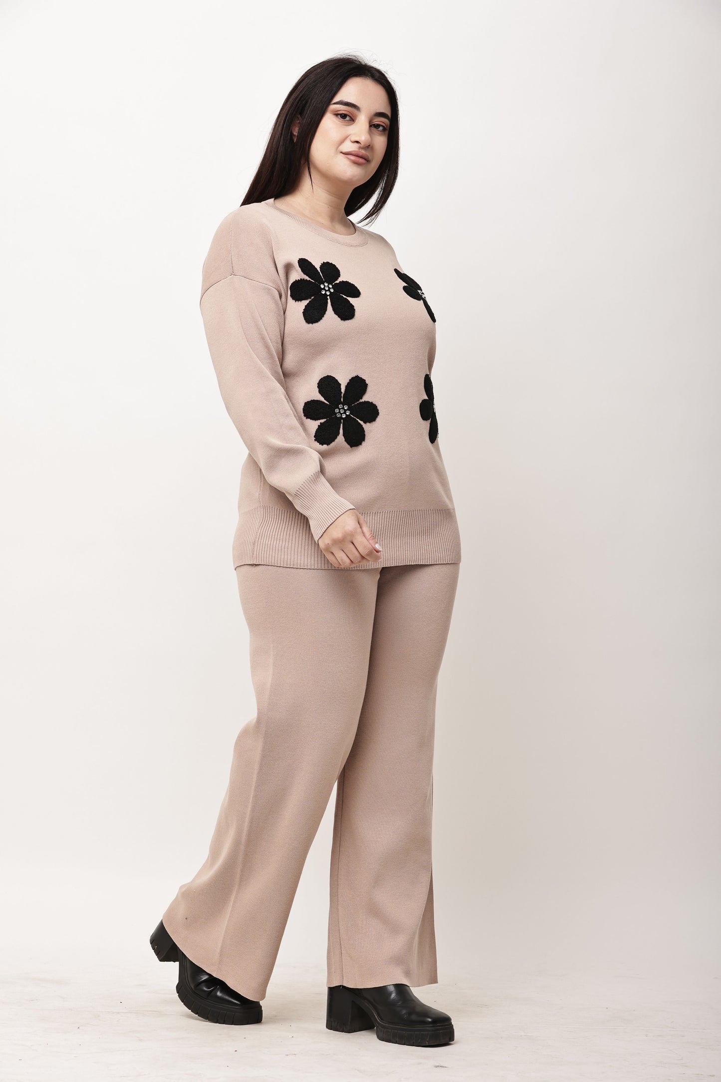 Korean Floral Motif Knit Co-Ord Set for Women | Winter Top & Wide Leg Pants