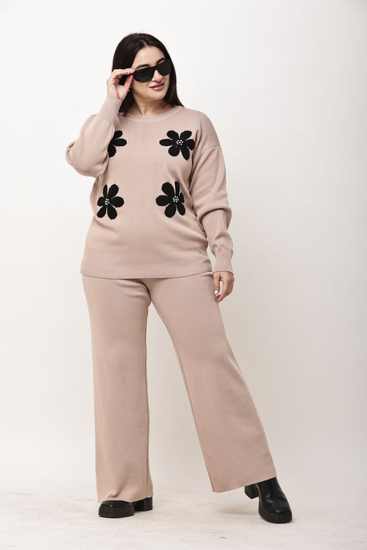 Korean Floral Motif Knit Co-Ord Set for Women | Winter Top & Wide Leg Pants