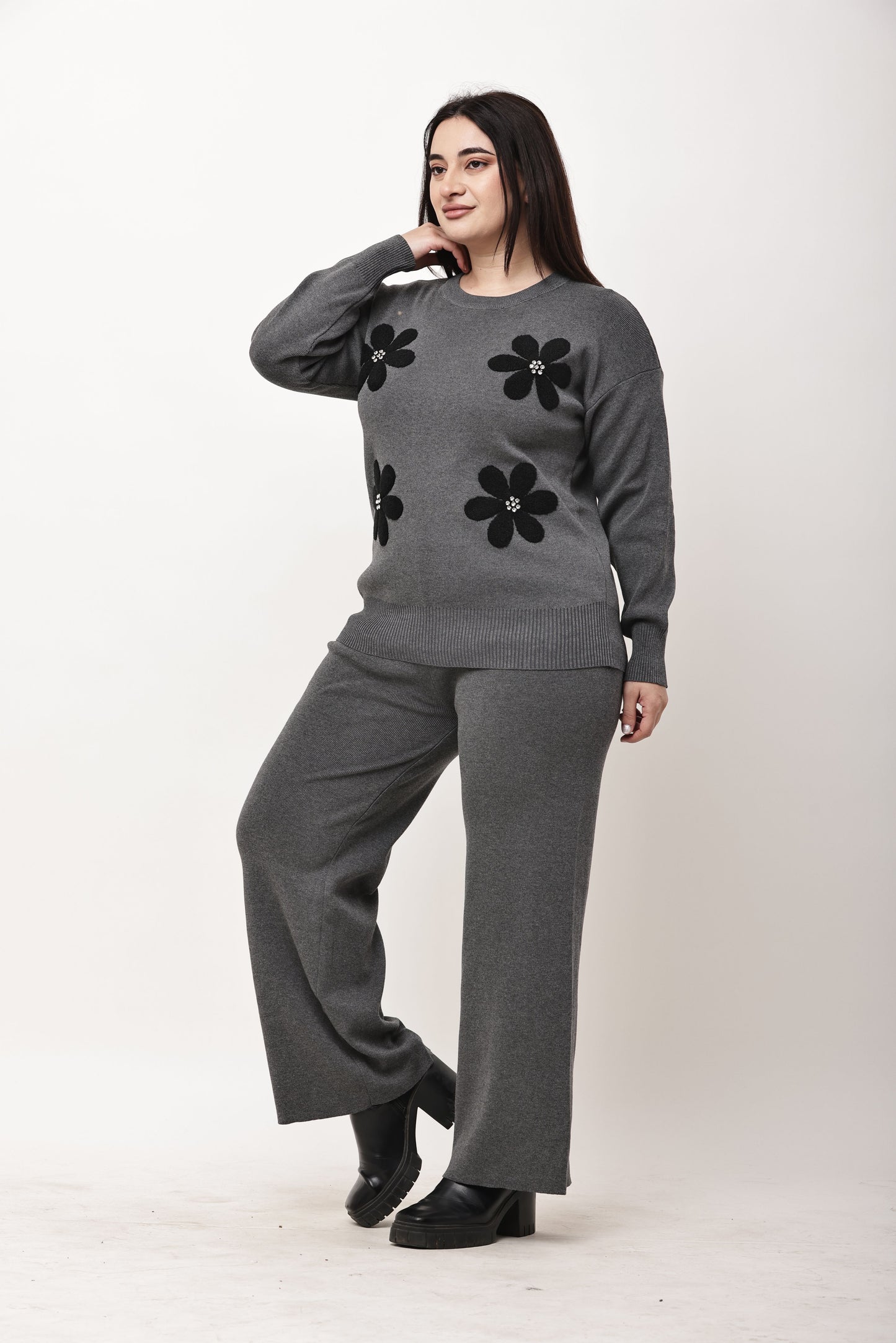 Korean Floral Motif Knit Co-Ord Set for Women | Winter Top & Wide Leg Pants