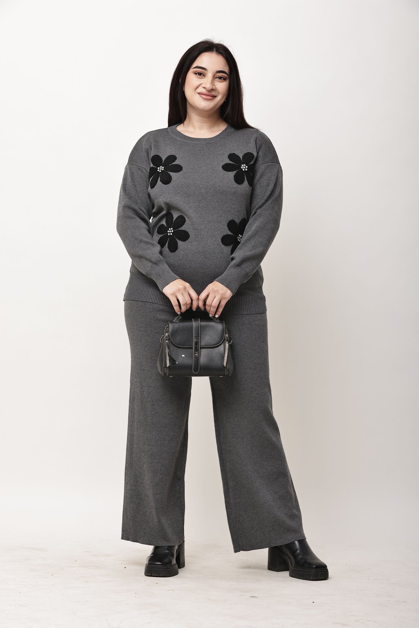 Korean Floral Motif Knit Co-Ord Set for Women | Winter Top & Wide Leg Pants