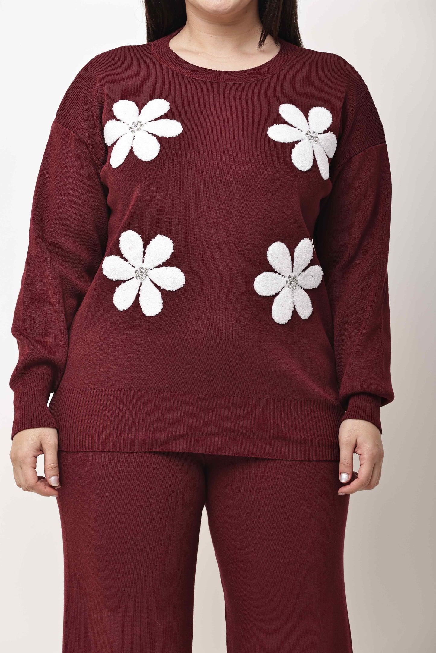 Korean Floral Motif Knit Co-Ord Set for Women | Winter Top & Wide Leg Pants