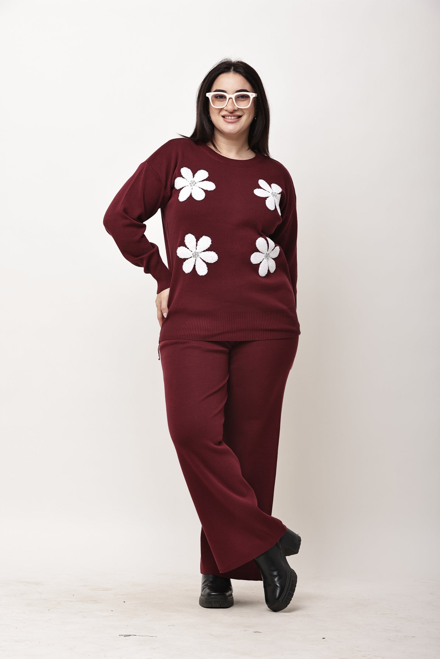 Korean Floral Motif Knit Co-Ord Set for Women | Winter Top & Wide Leg Pants