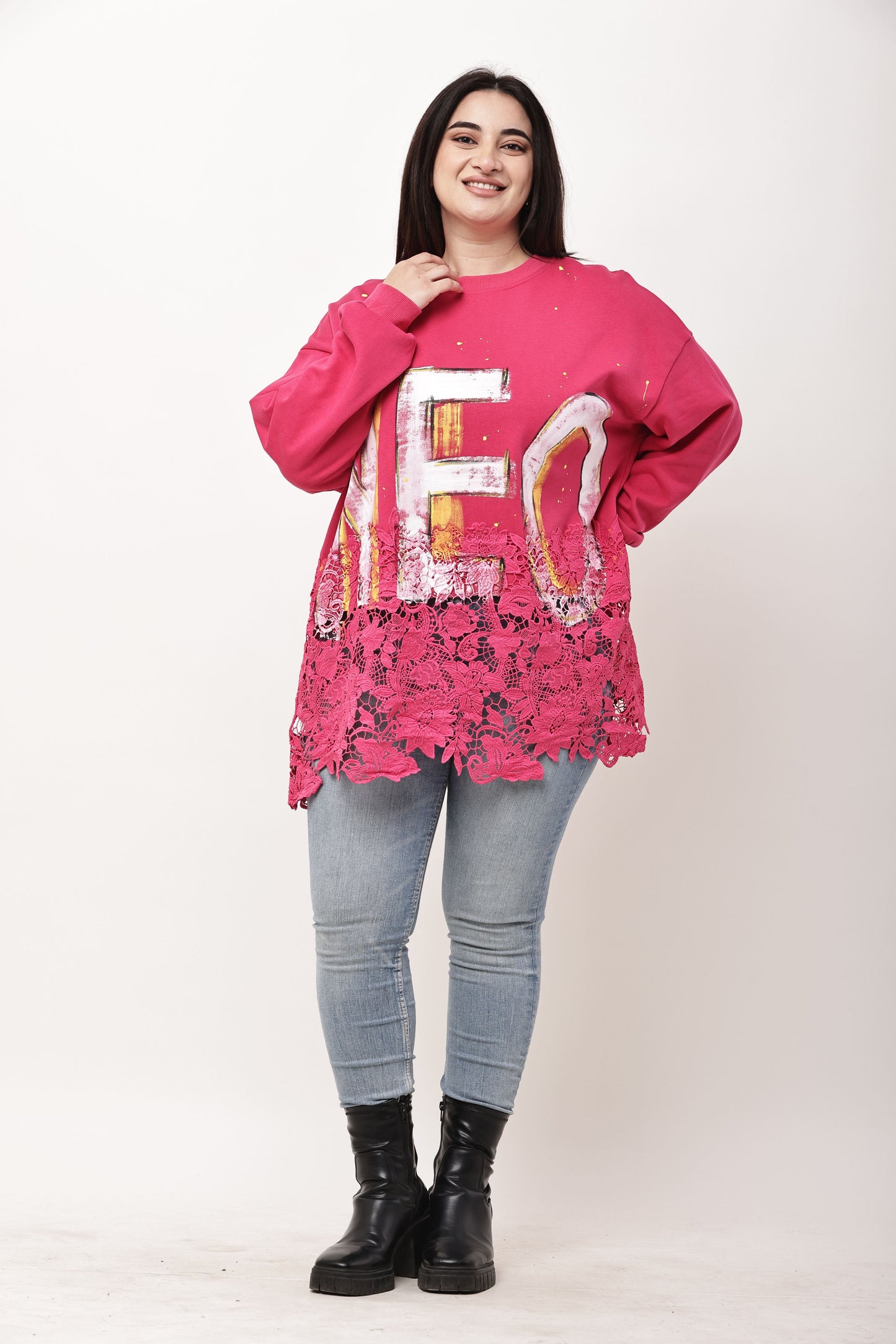 Korean Graphic Lace Hem Sweatshirt for Women | Oversized Winter Fashion Top