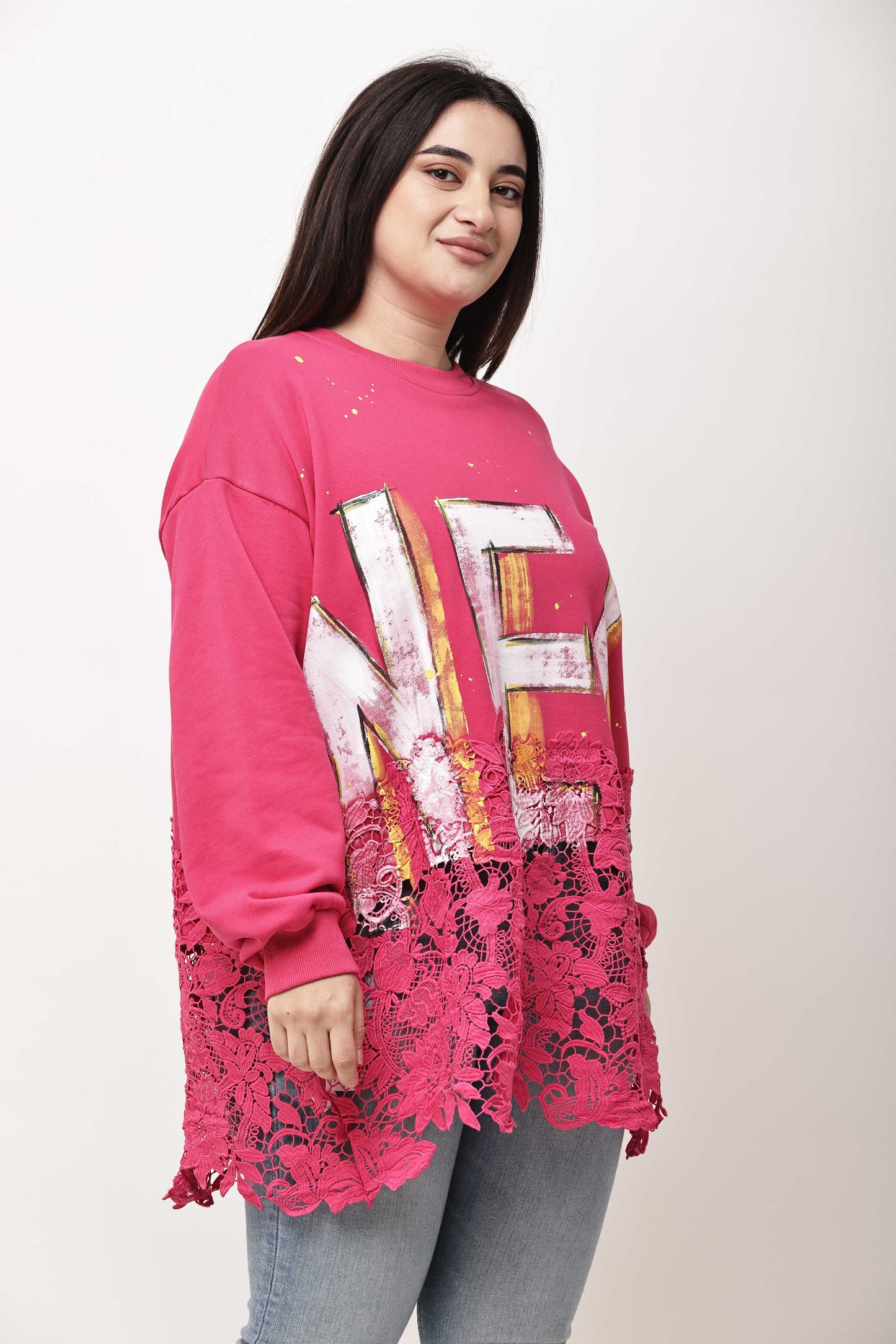 Korean Graphic Lace Hem Sweatshirt for Women | Oversized Winter Fashion Top