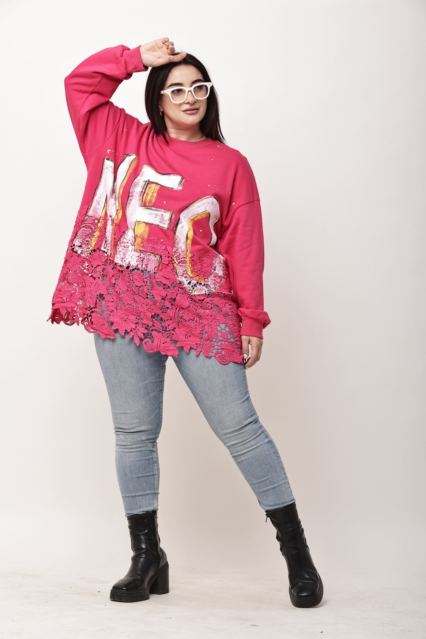 Korean Graphic Lace Hem Sweatshirt for Women | Oversized Winter Fashion Top