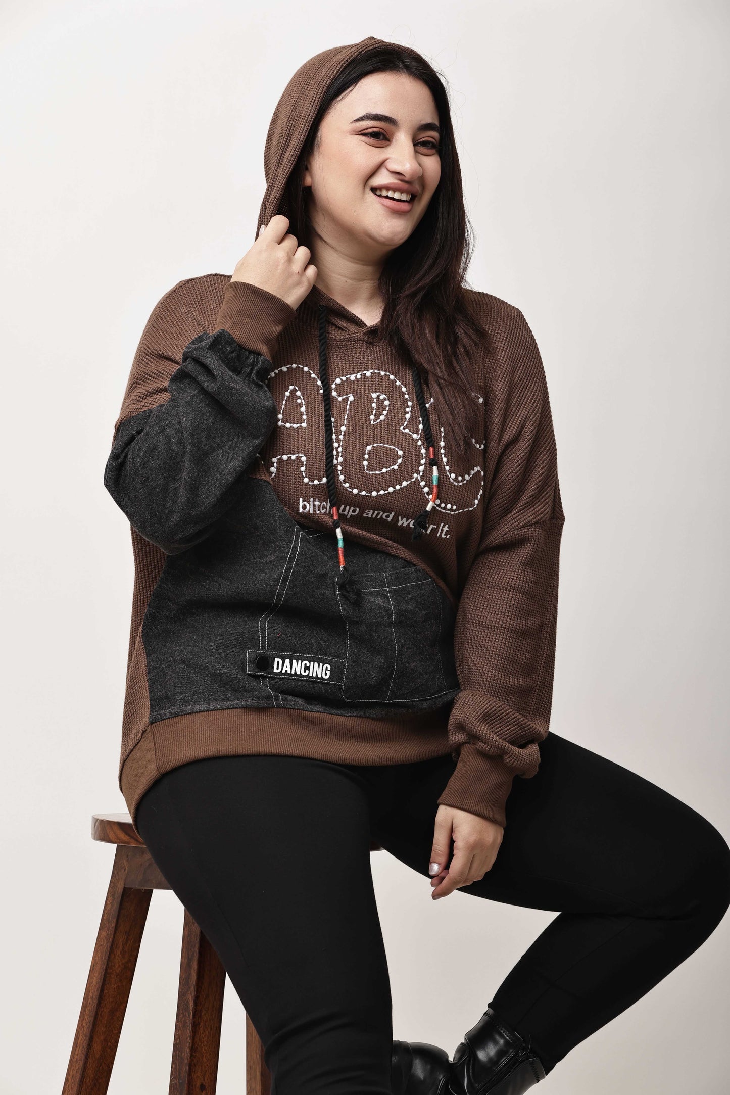Korean Streetwear Hooded Sweatshirt for Women | Graphic Text Knit Hoodie Top