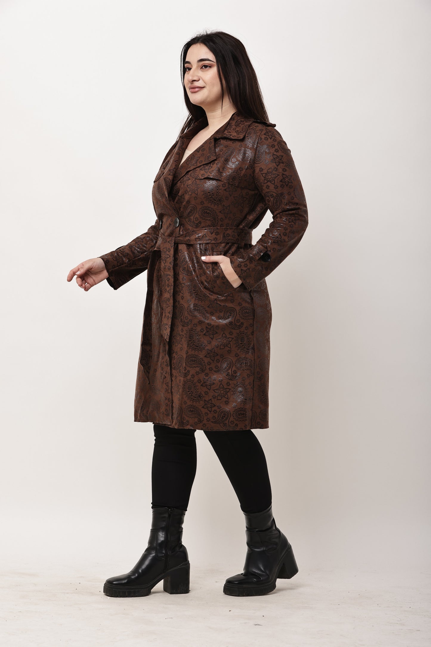 Korean Paisley Long Trench Coat for Women | Statement Winter Outerwear