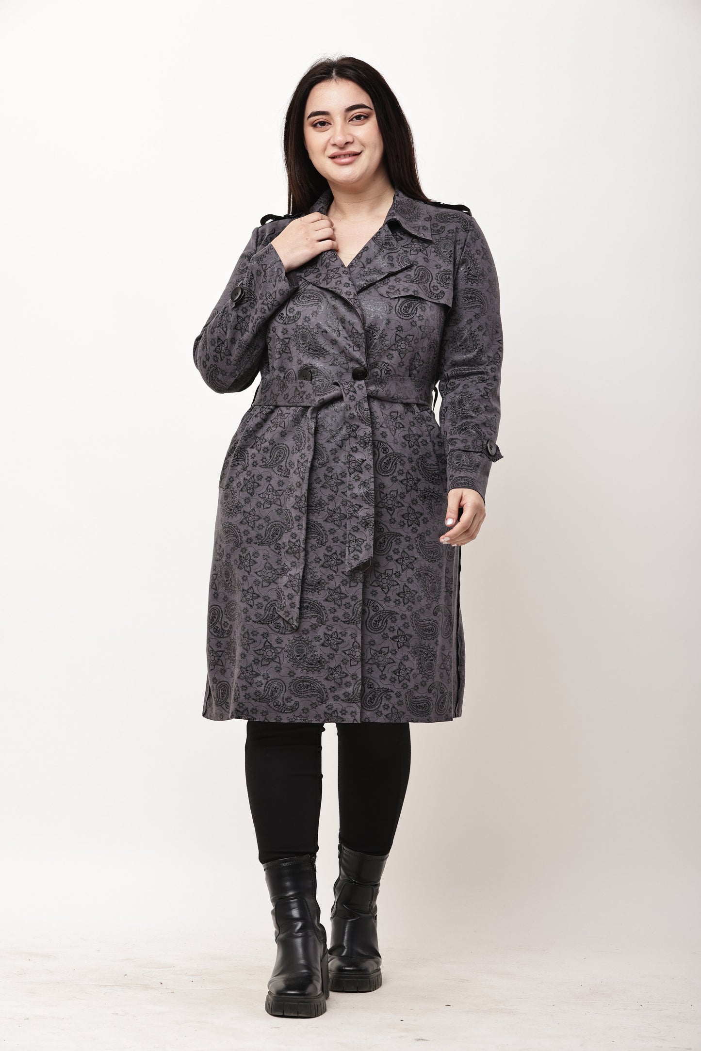 Korean Paisley Long Trench Coat for Women | Statement Winter Outerwear