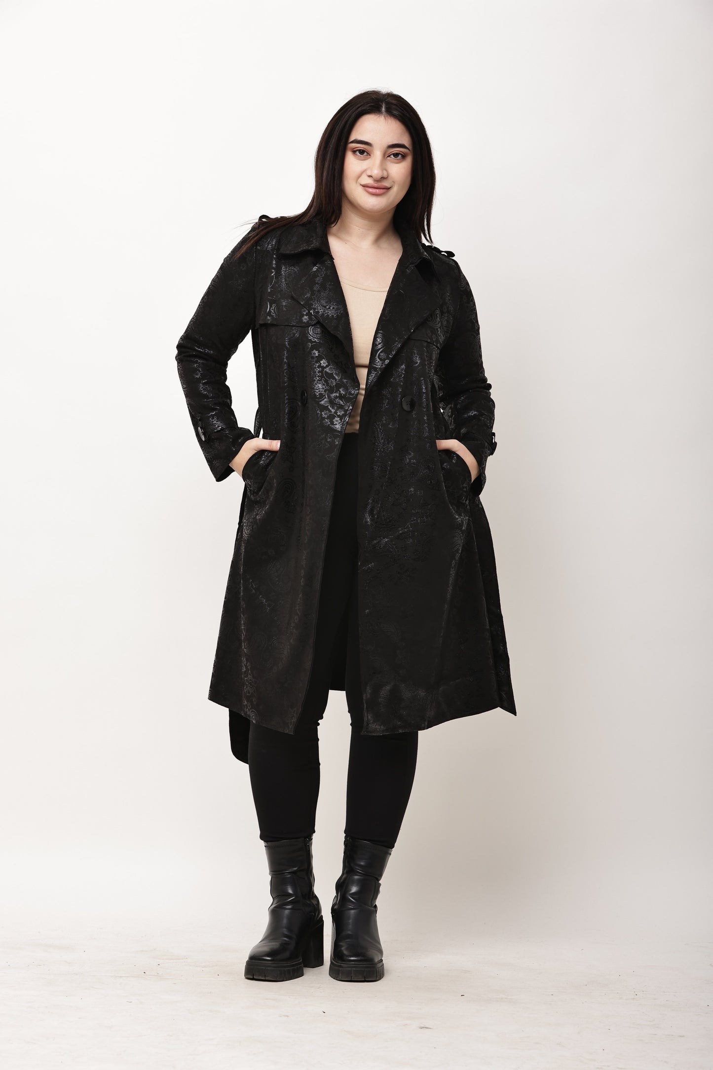 Korean Paisley Long Trench Coat for Women | Statement Winter Outerwear