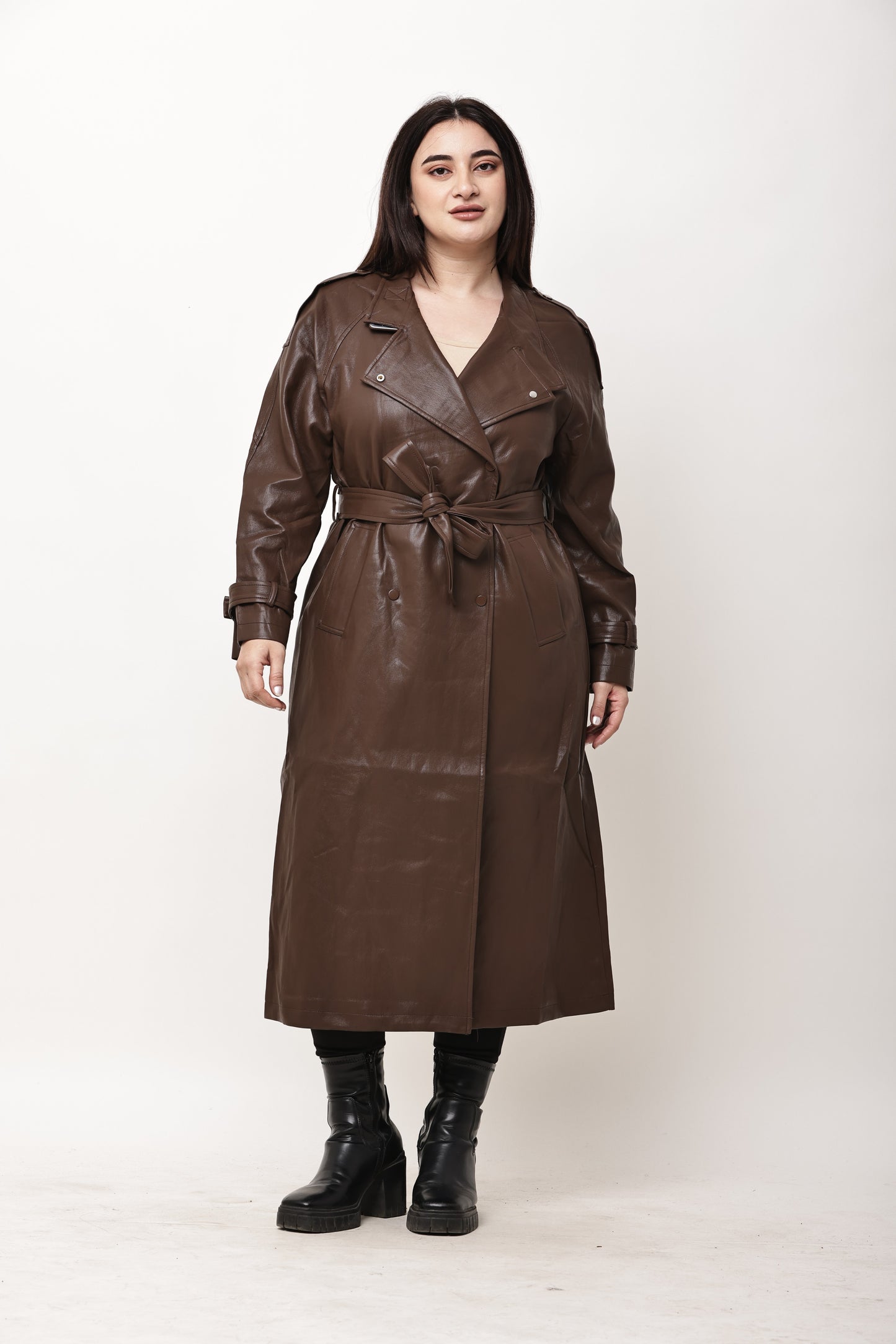Korean Faux Leather Long Trench Coat for Women | Belted Winter Overcoat