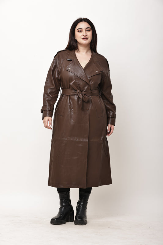 Korean Faux Leather Long Trench Coat for Women | Belted Winter Overcoat
