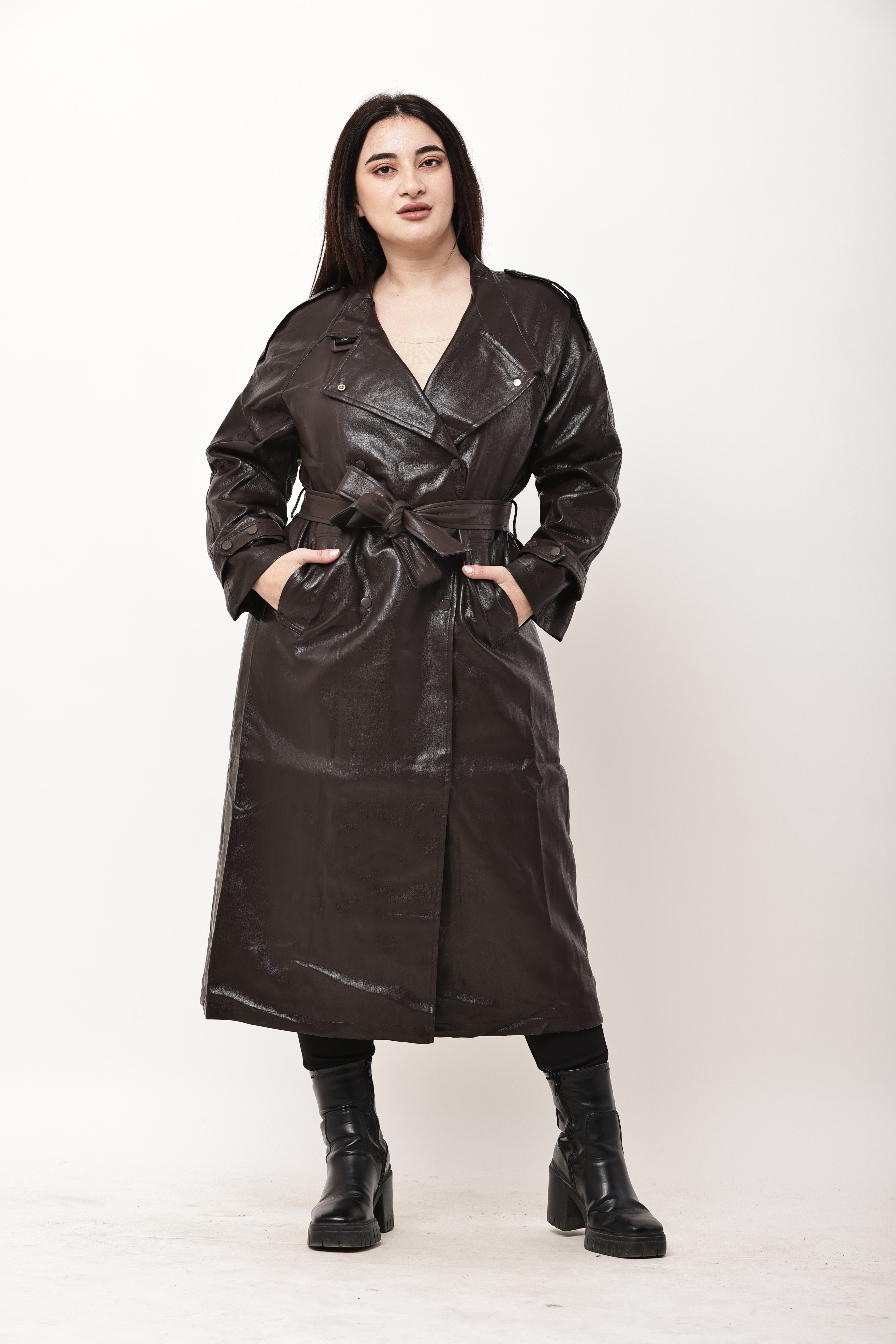 Korean Faux Leather Trench Coat for Women | Long Belted Overcoat