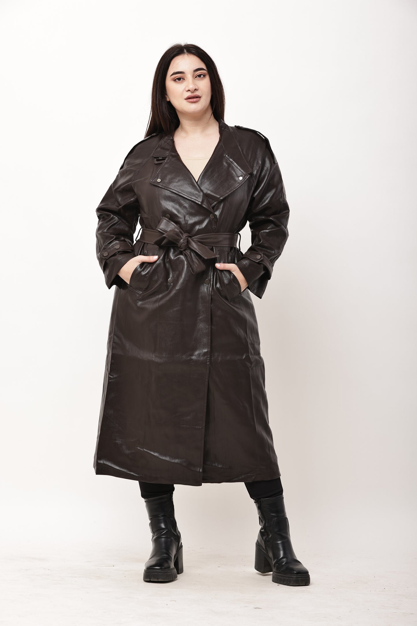 Korean Faux Leather Long Trench Coat for Women | Belted Winter Overcoat