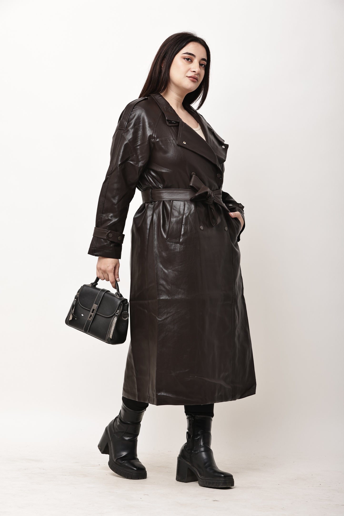 Korean Faux Leather Long Trench Coat for Women | Belted Winter Overcoat