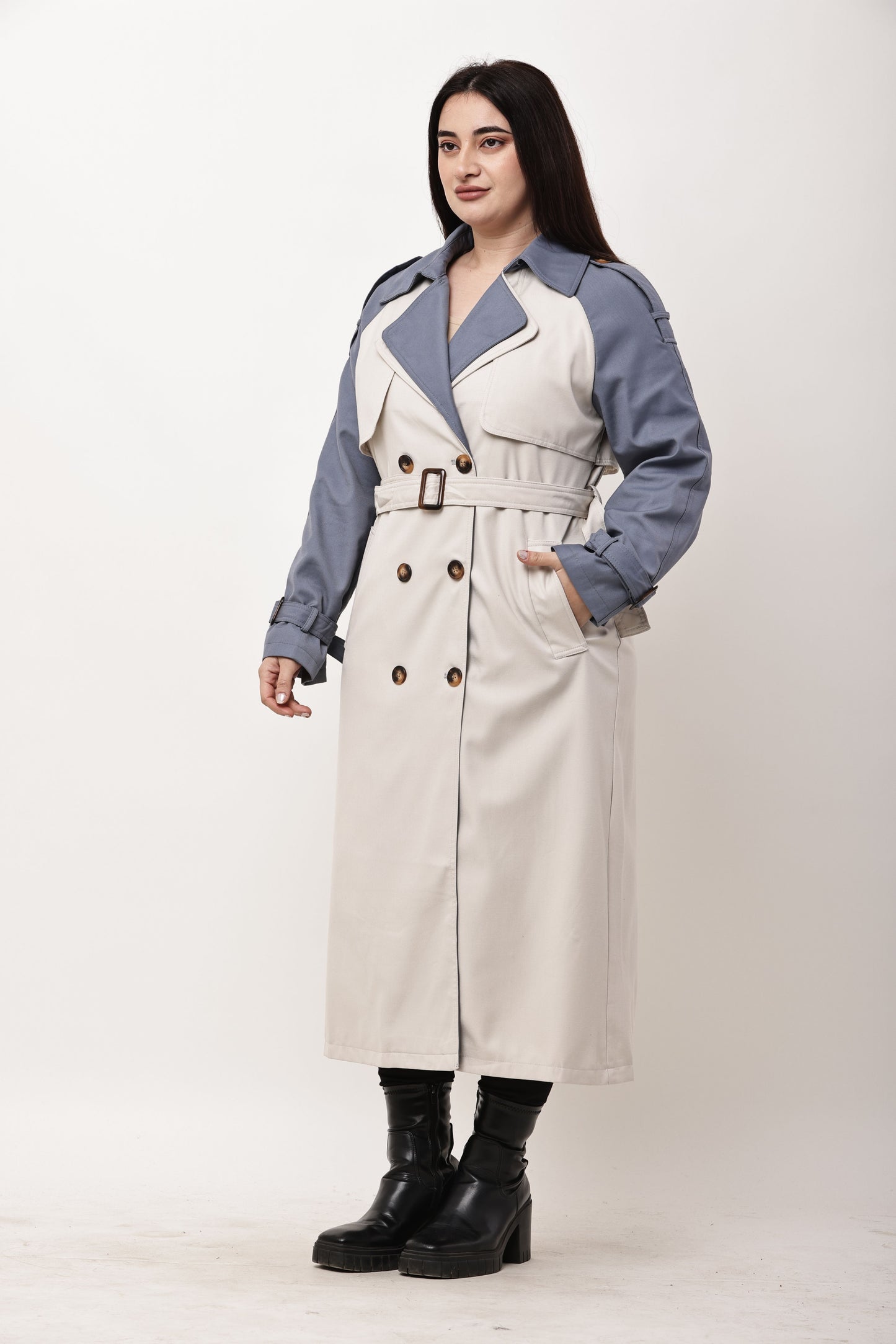 Beige Faux Leather Long Trench Coat for Women | Belted Winter Coat