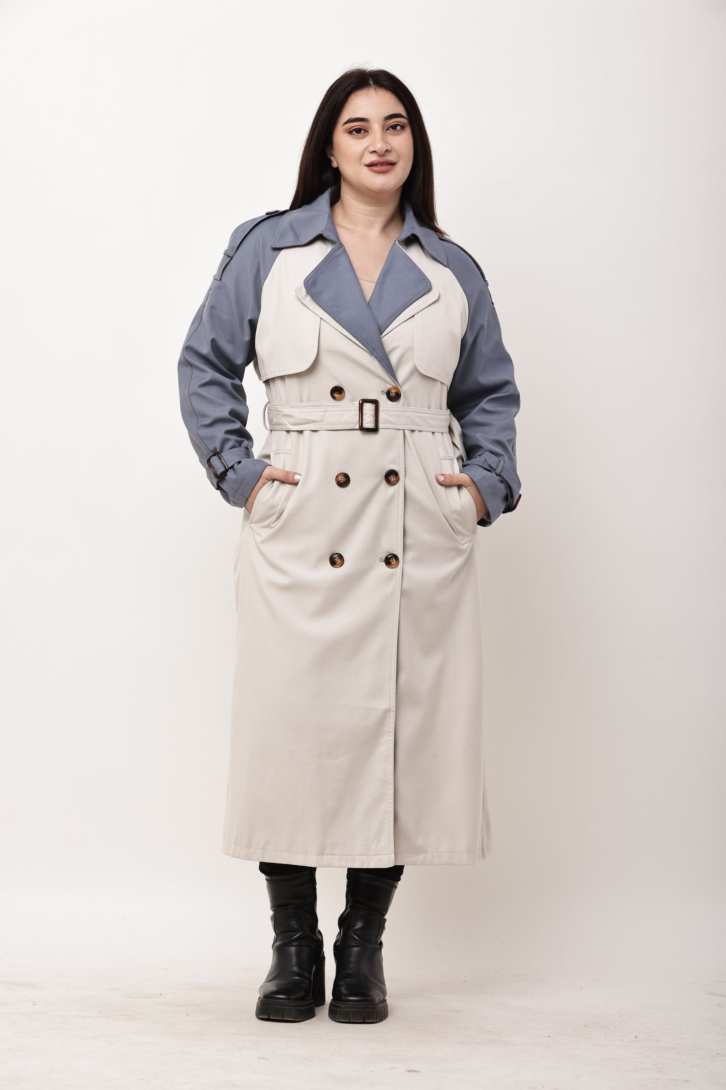 Beige Faux Leather Long Trench Coat for Women | Belted Winter Coat