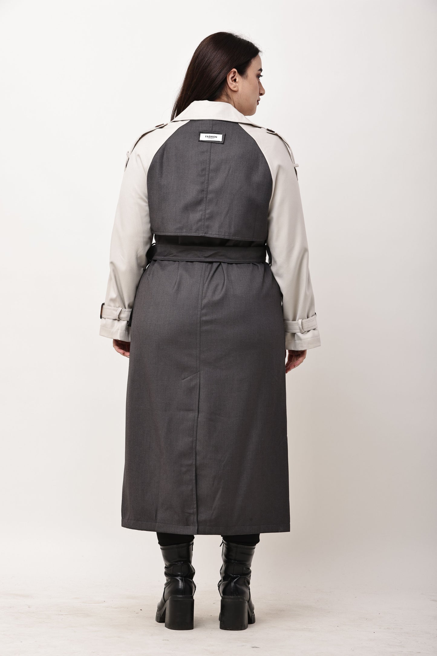 Beige Faux Leather Long Trench Coat for Women | Belted Winter Coat