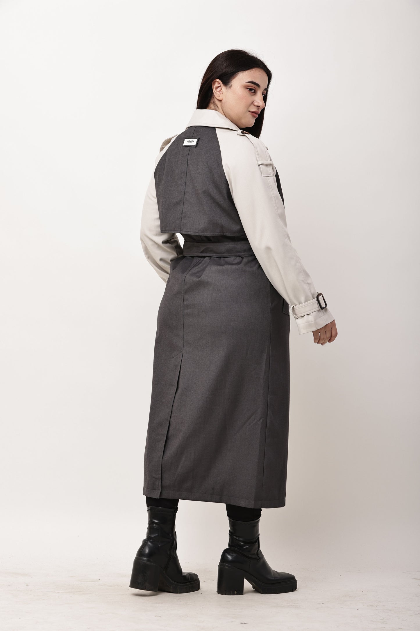Beige Faux Leather Long Trench Coat for Women | Belted Winter Coat