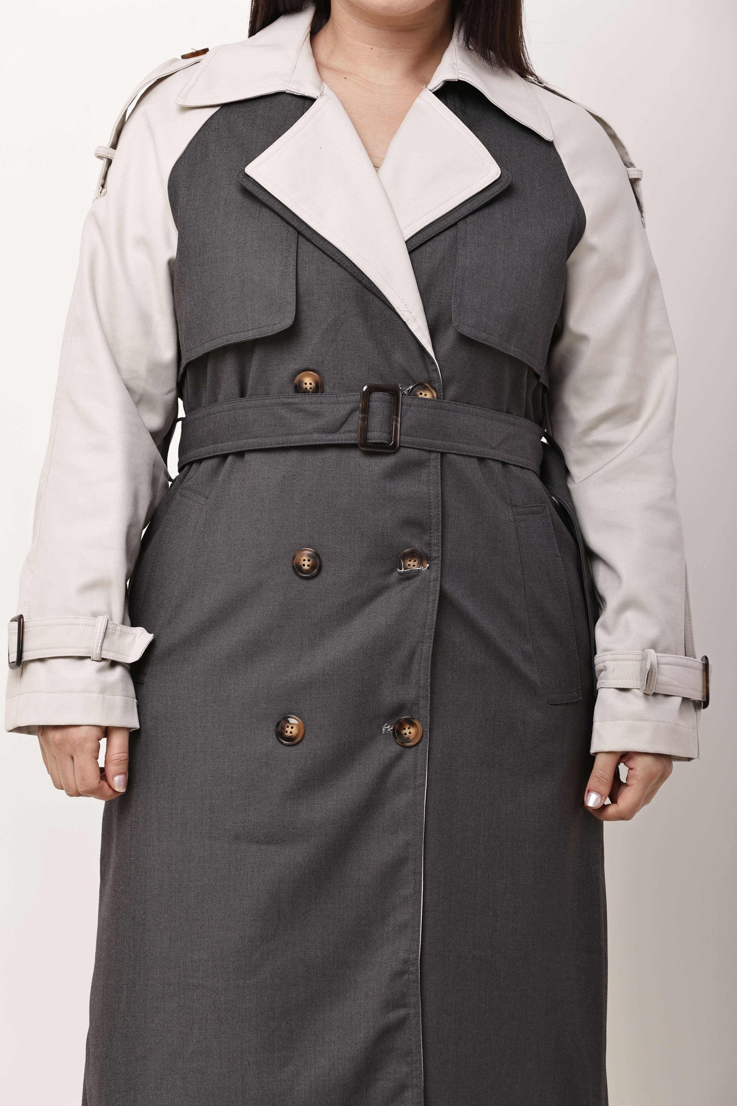 Beige Faux Leather Long Trench Coat for Women | Belted Winter Coat