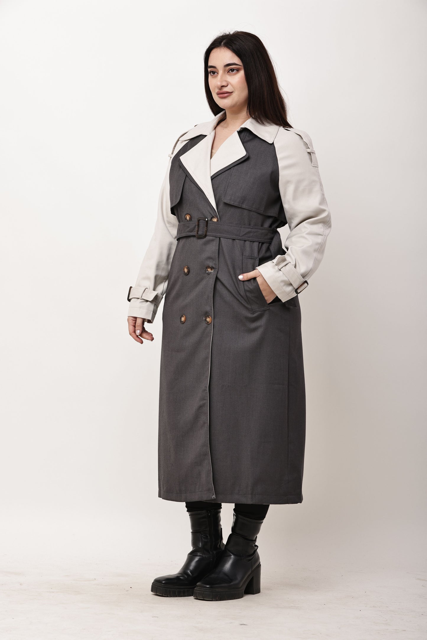 Beige Faux Leather Long Trench Coat for Women | Belted Winter Coat
