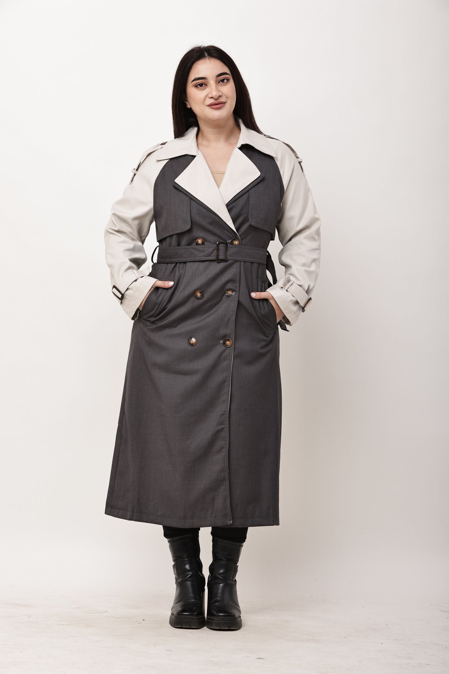 Beige Faux Leather Long Trench Coat for Women | Belted Winter Coat