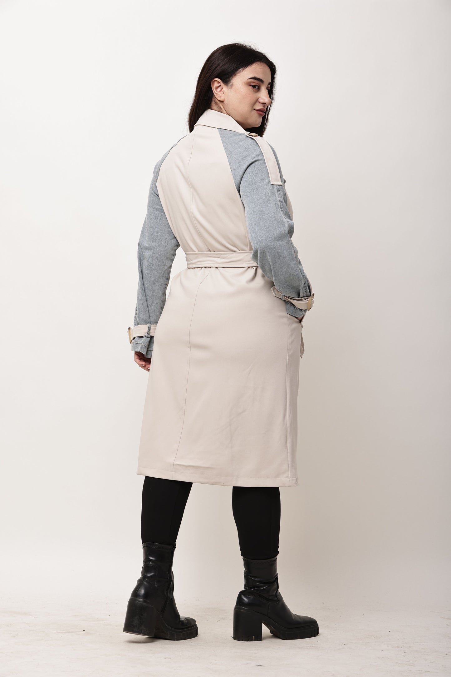 Beige Faux Leather Long Trench Coat for Women | Belted Winter Coat