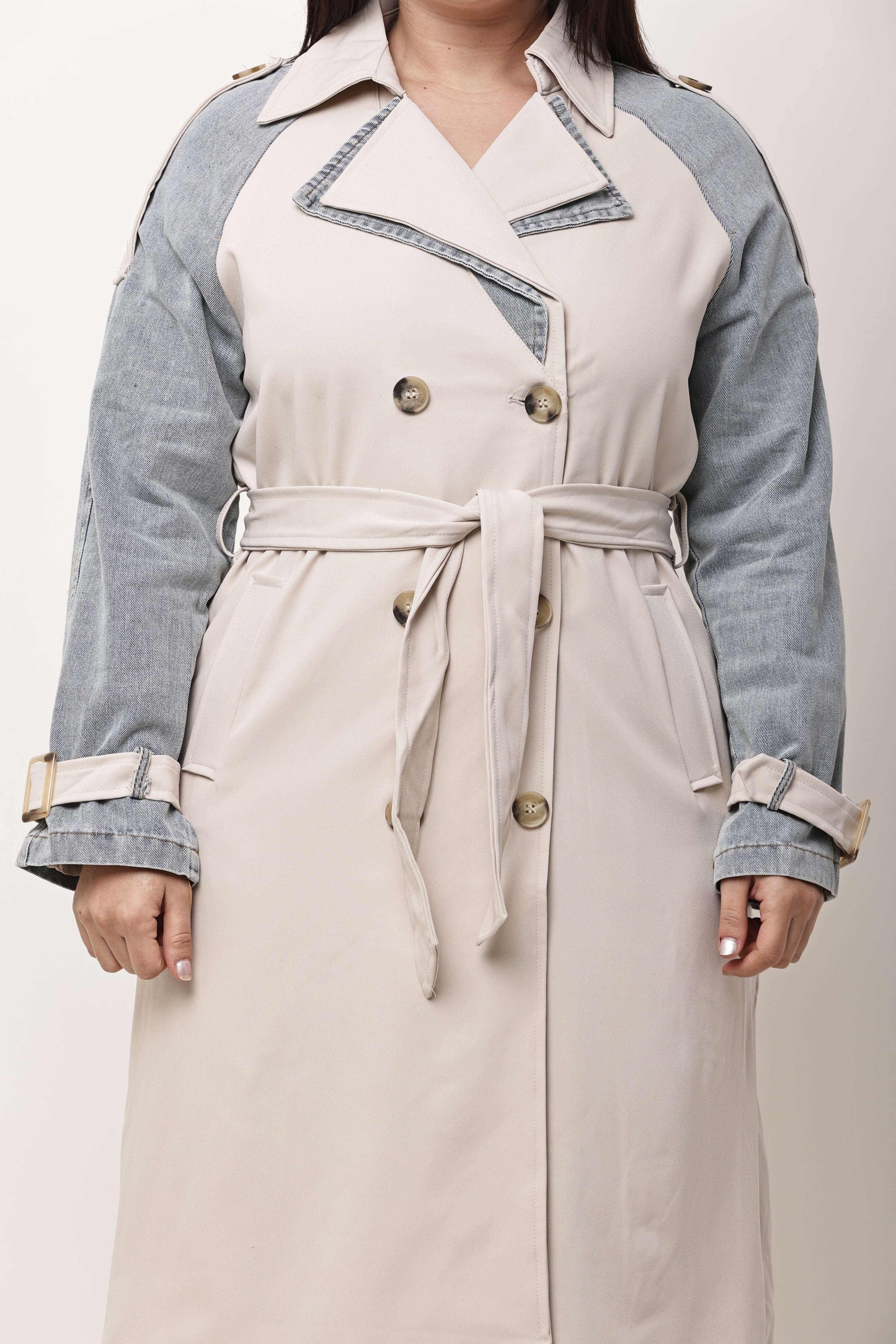 Beige Faux Leather Long Trench Coat for Women | Belted Winter Coat