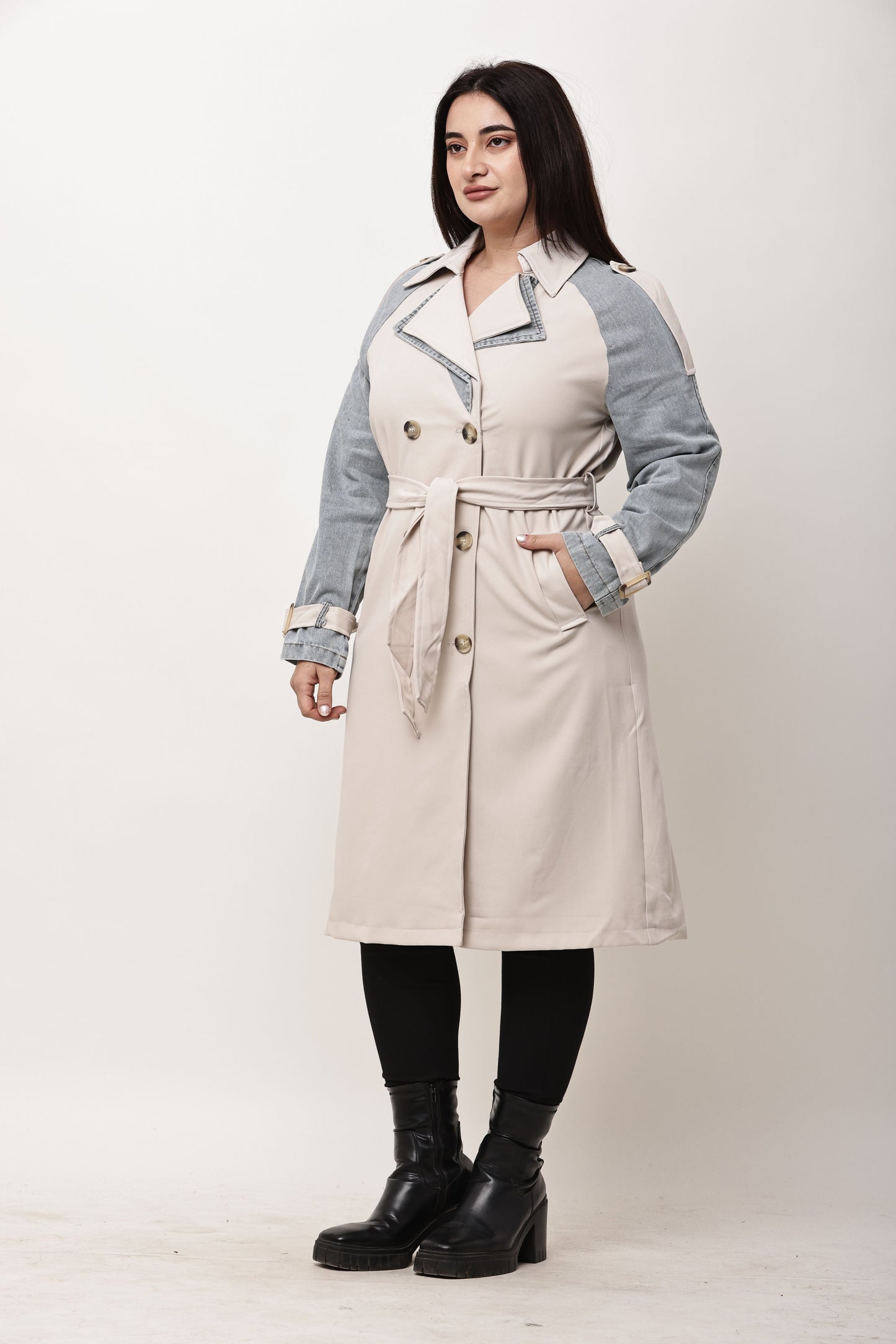 Beige Faux Leather Long Trench Coat for Women | Belted Winter Coat