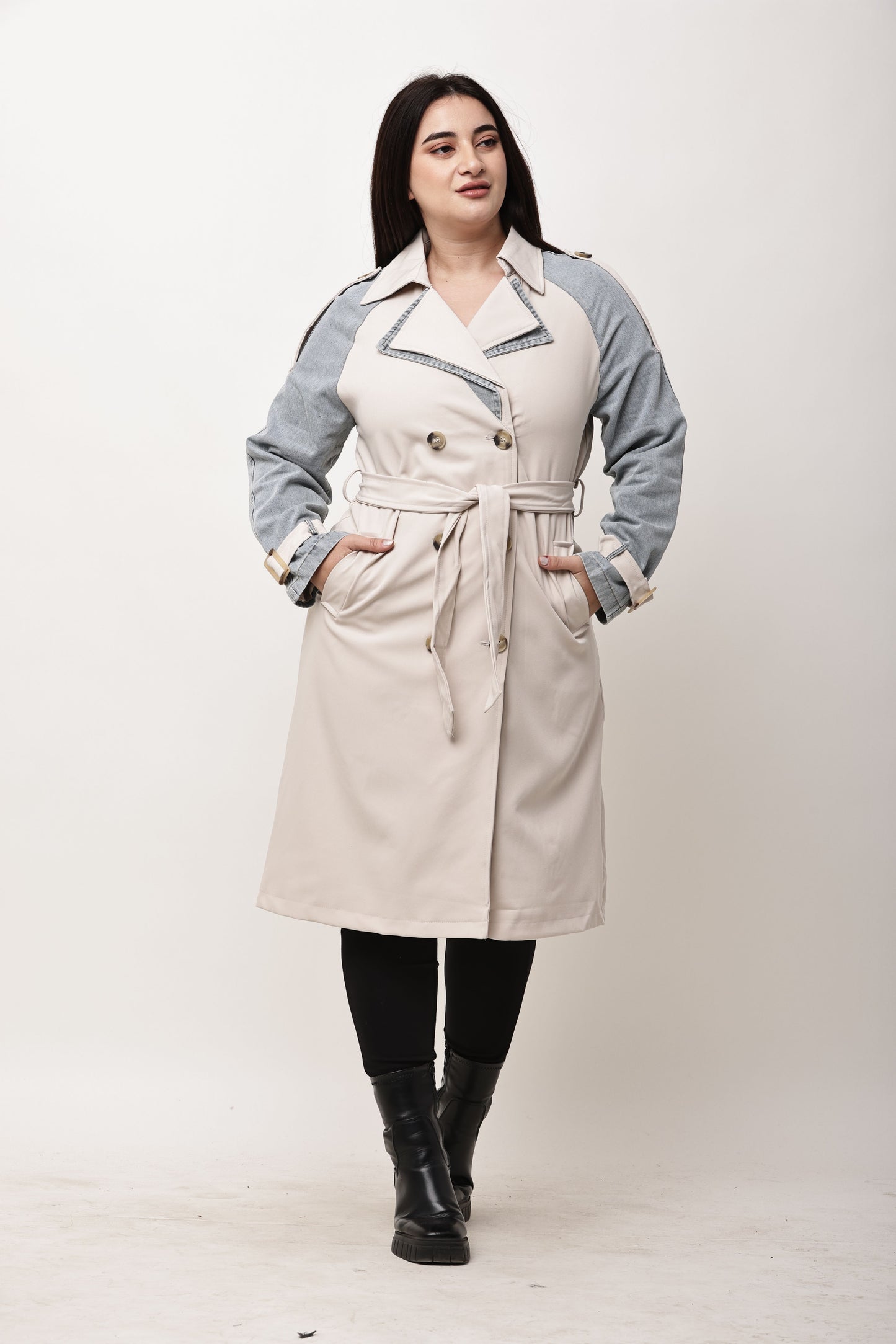 Beige Faux Leather Long Trench Coat for Women | Belted Winter Coat