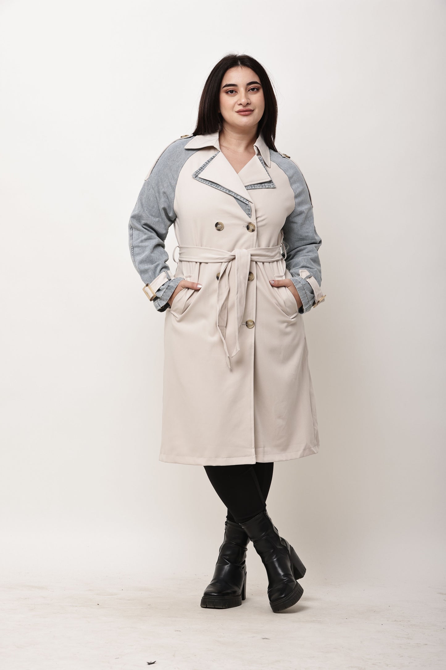 Beige Faux Leather Long Trench Coat for Women | Belted Winter Coat