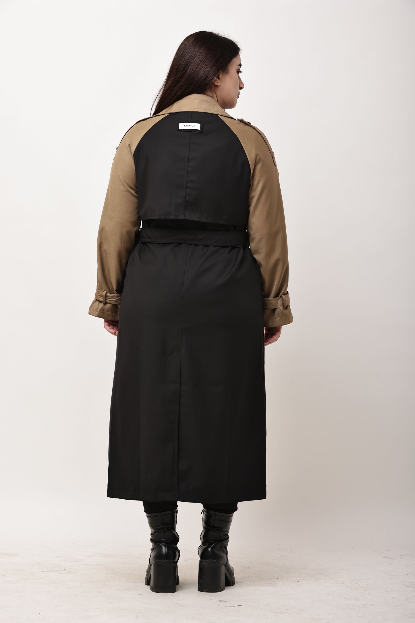 Beige Faux Leather Long Trench Coat for Women | Belted Winter Coat