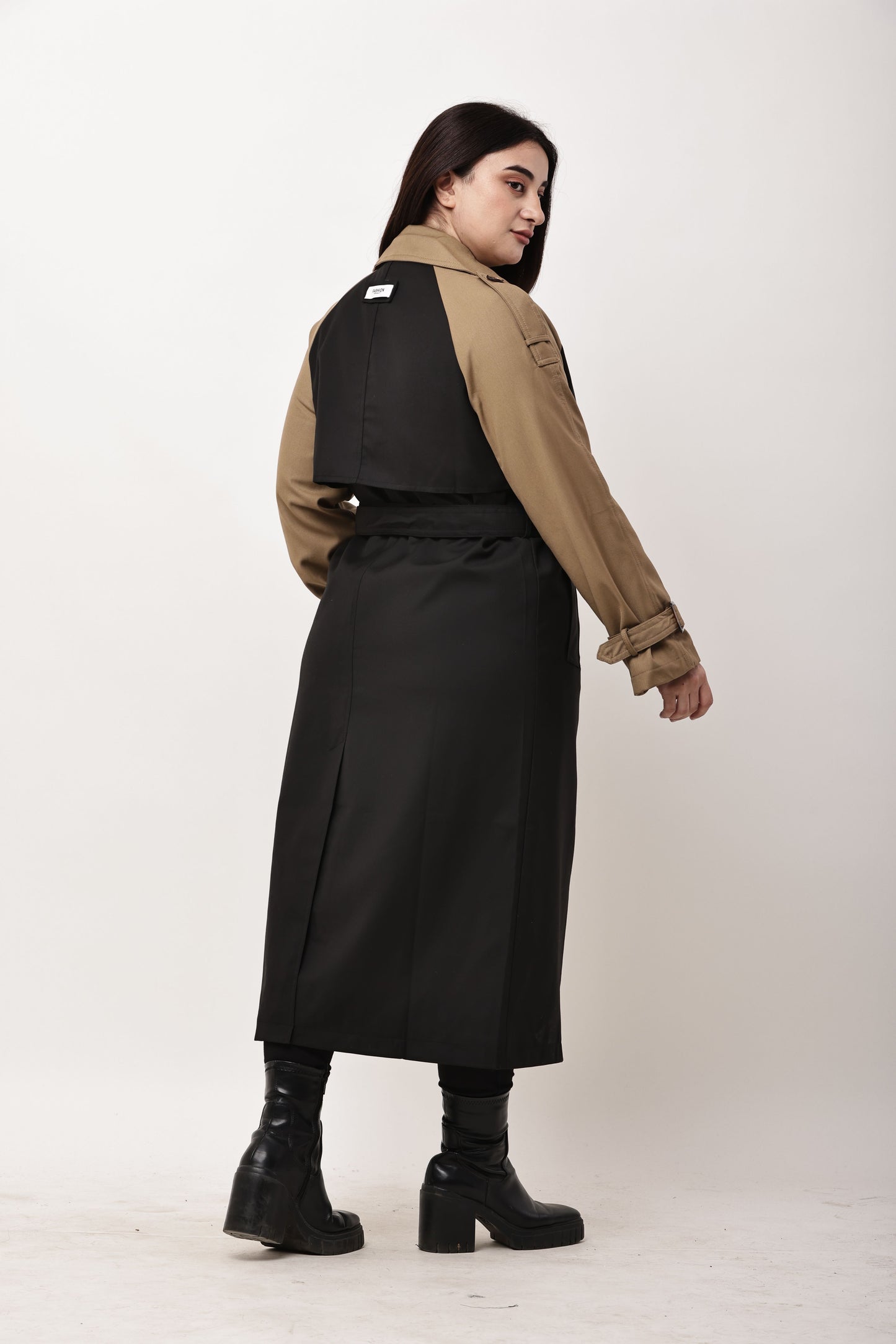 Beige Faux Leather Long Trench Coat for Women | Belted Winter Coat