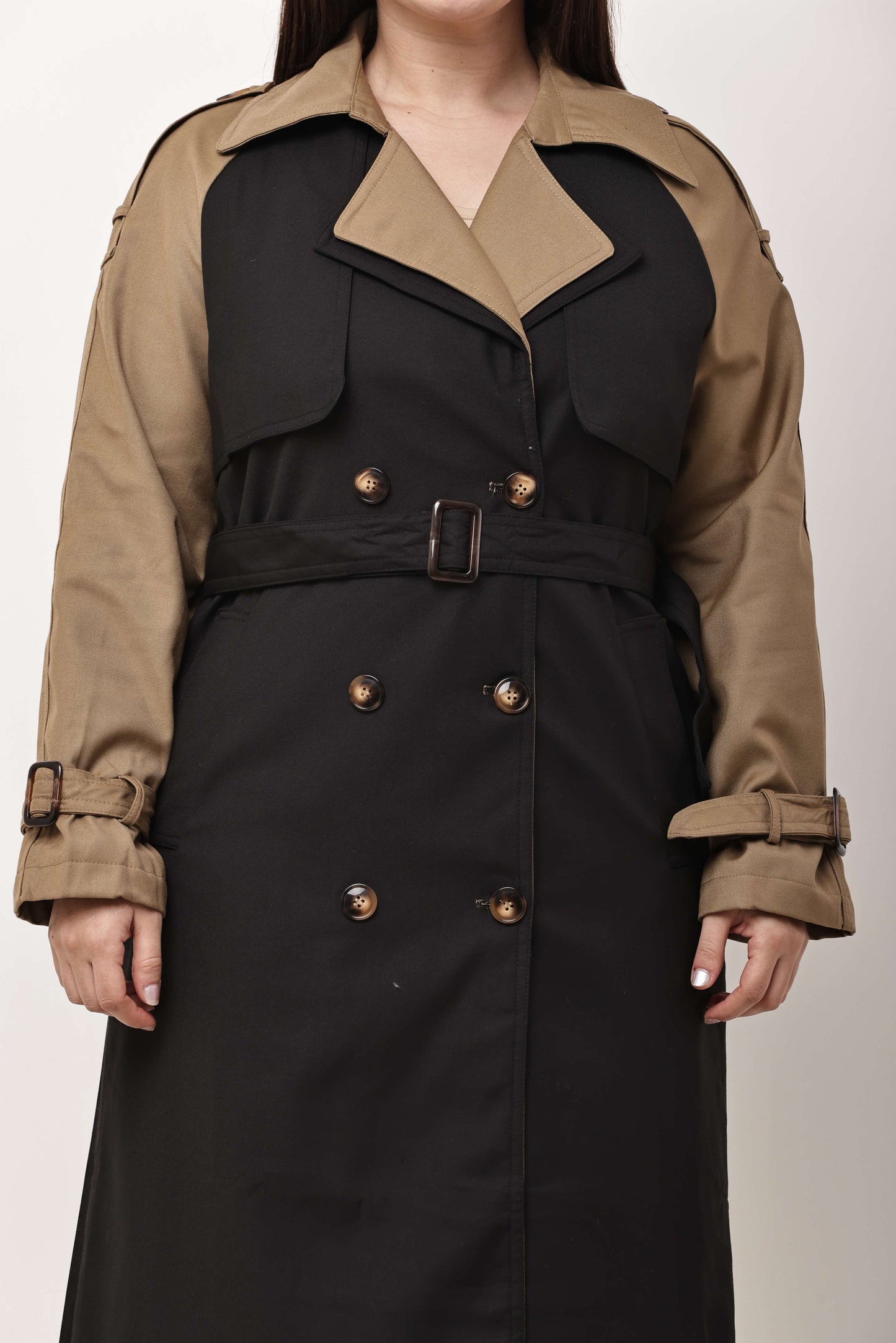Beige Faux Leather Long Trench Coat for Women | Belted Winter Coat