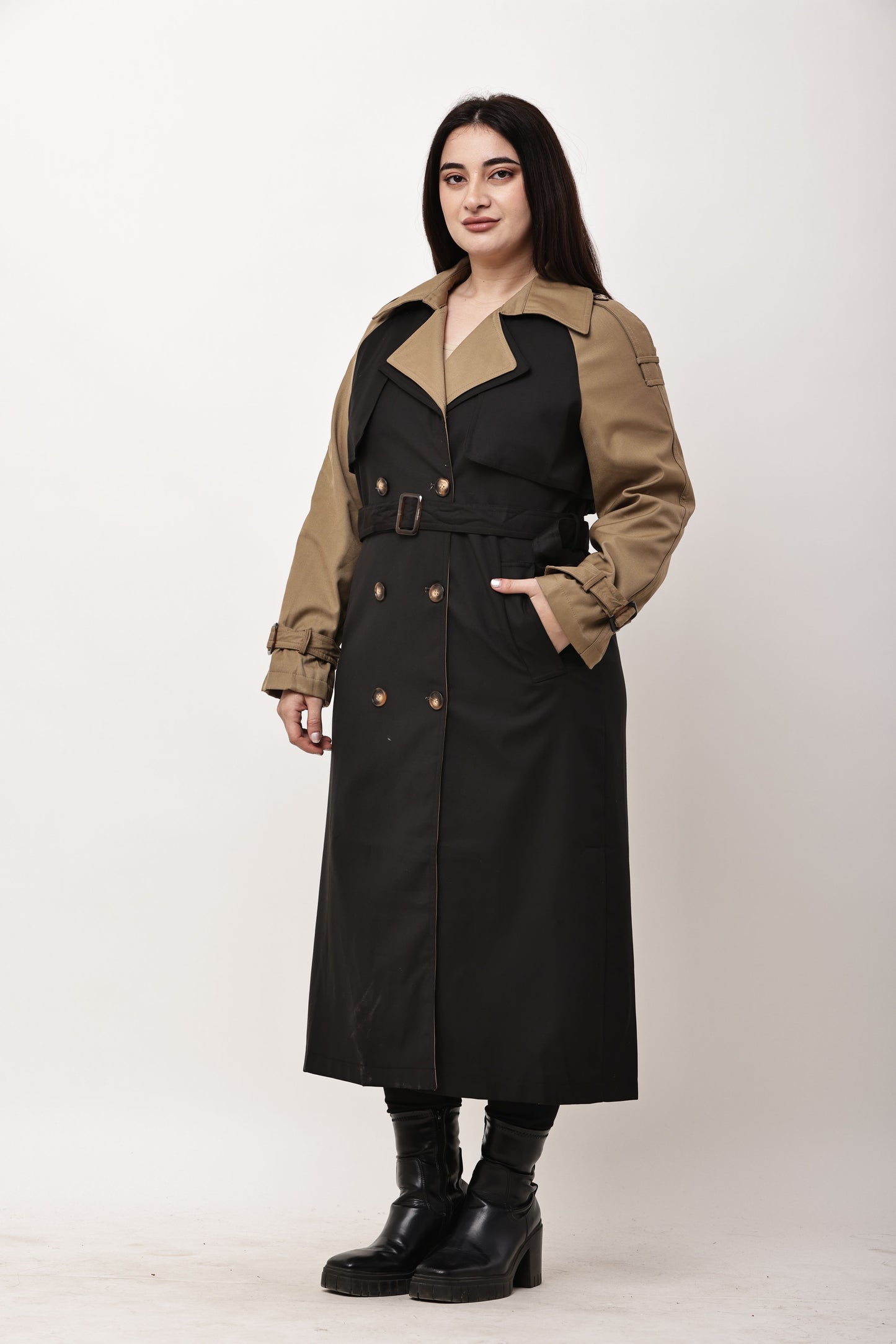 Beige Faux Leather Long Trench Coat for Women | Belted Winter Coat