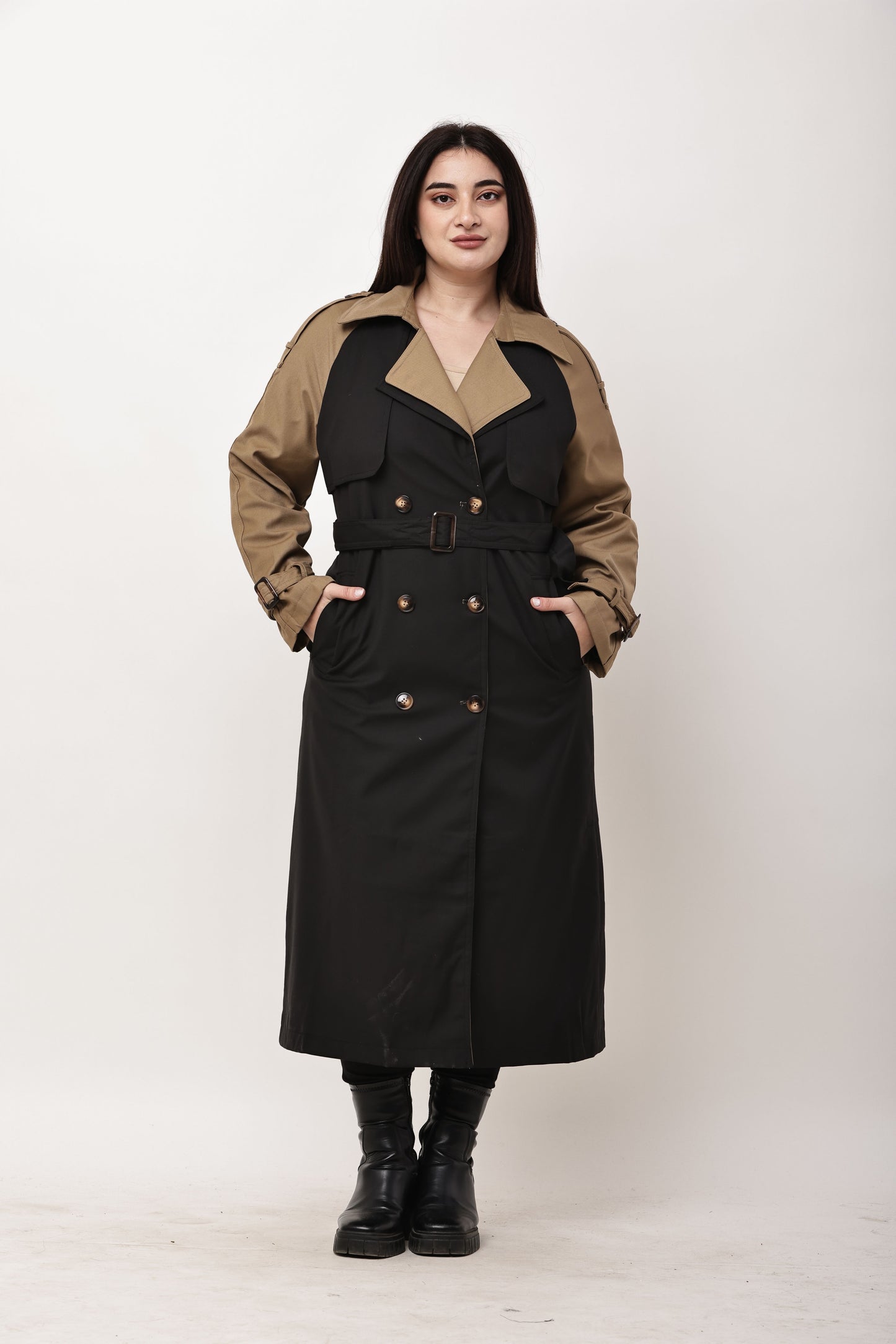 Beige Faux Leather Long Trench Coat for Women | Belted Winter Coat