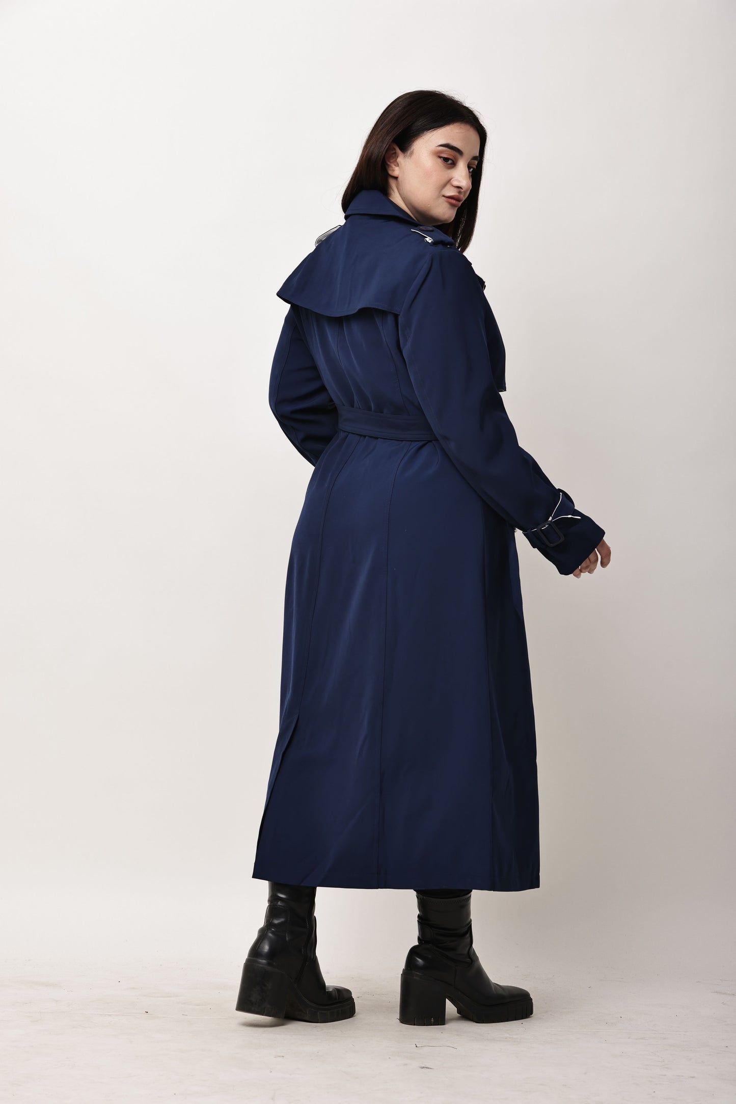 Beige Faux Leather Long Trench Coat for Women | Belted Winter Coat