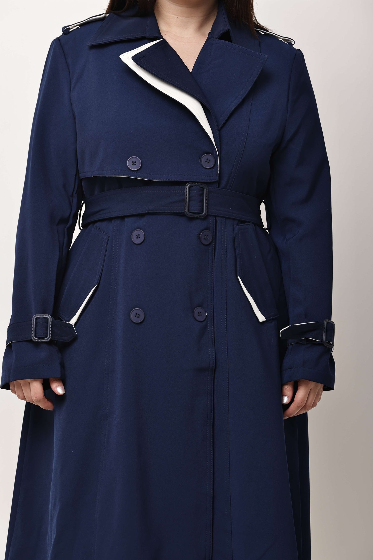 Beige Faux Leather Long Trench Coat for Women | Belted Winter Coat