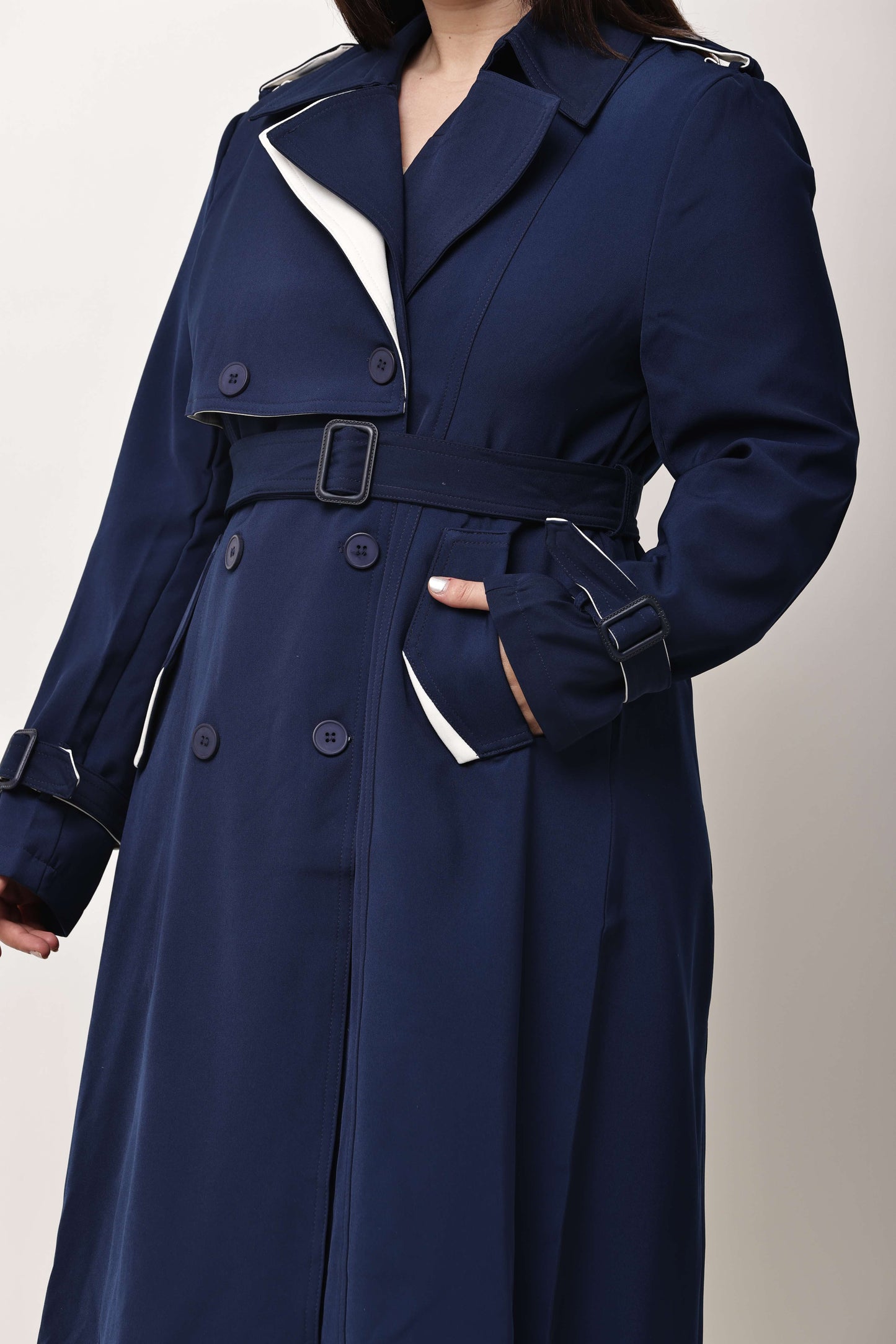 Beige Faux Leather Long Trench Coat for Women | Belted Winter Coat